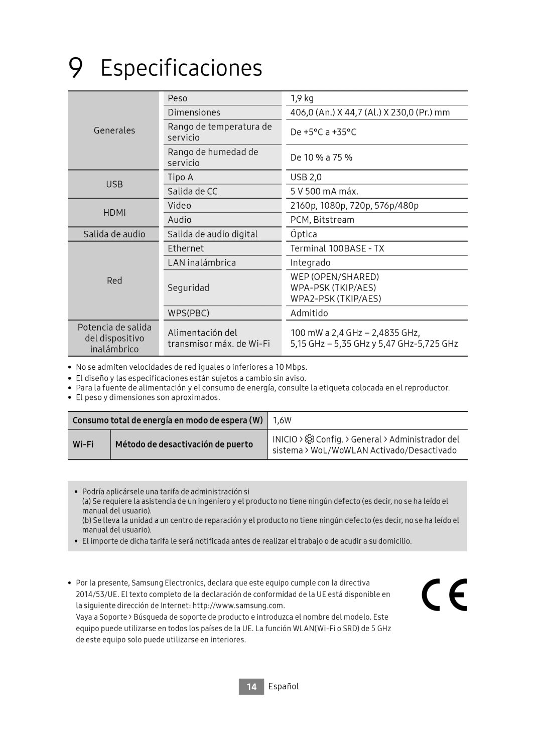 Samsung UBD-M8500/ZF manual Especificaciones, Generales, Inicio Config. General Administrador del 