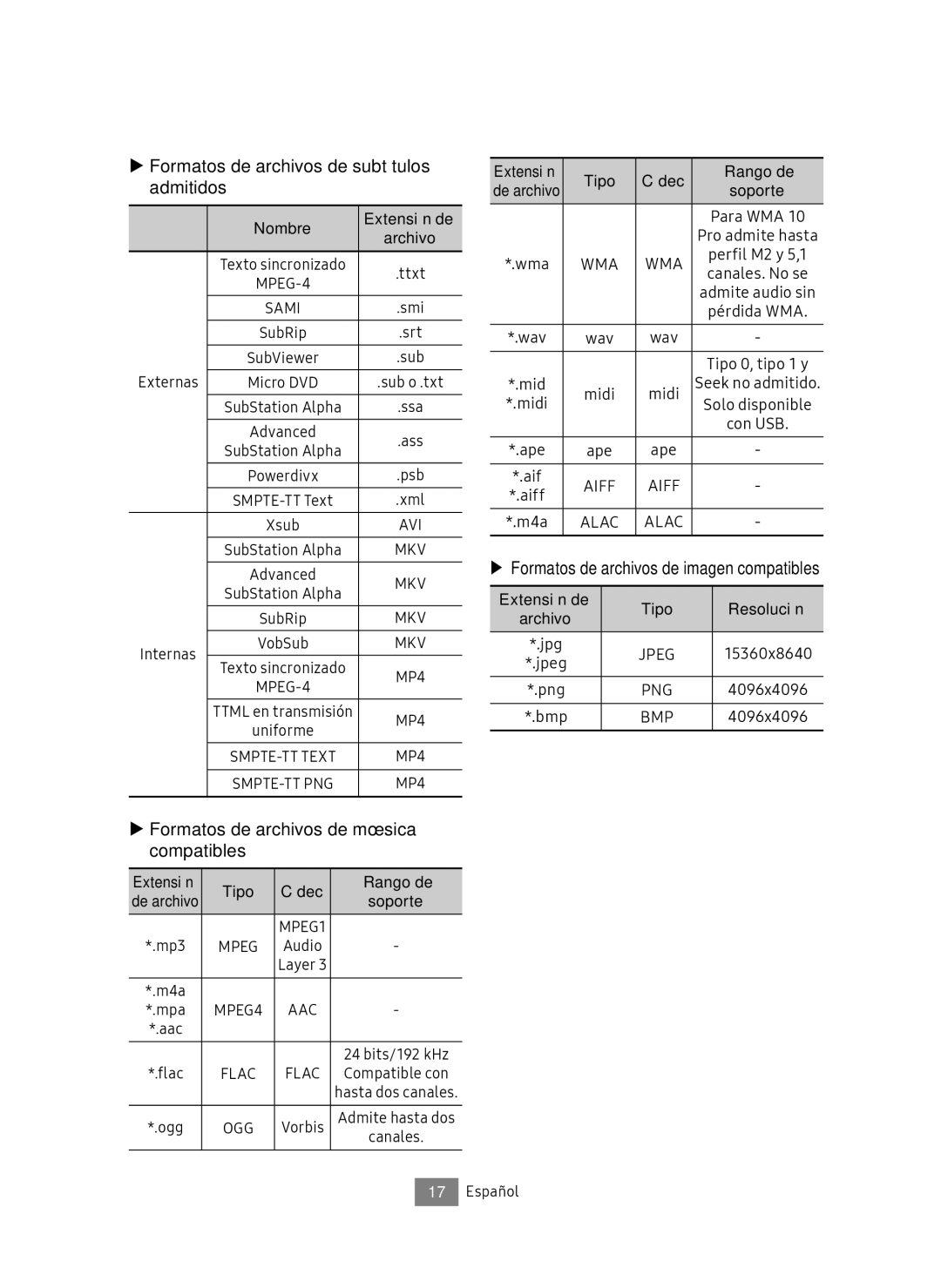 Samsung UBD-M8500/ZF manual Formatos de archivos de subtítulos admitidos, Formatos de archivos de música compatibles 