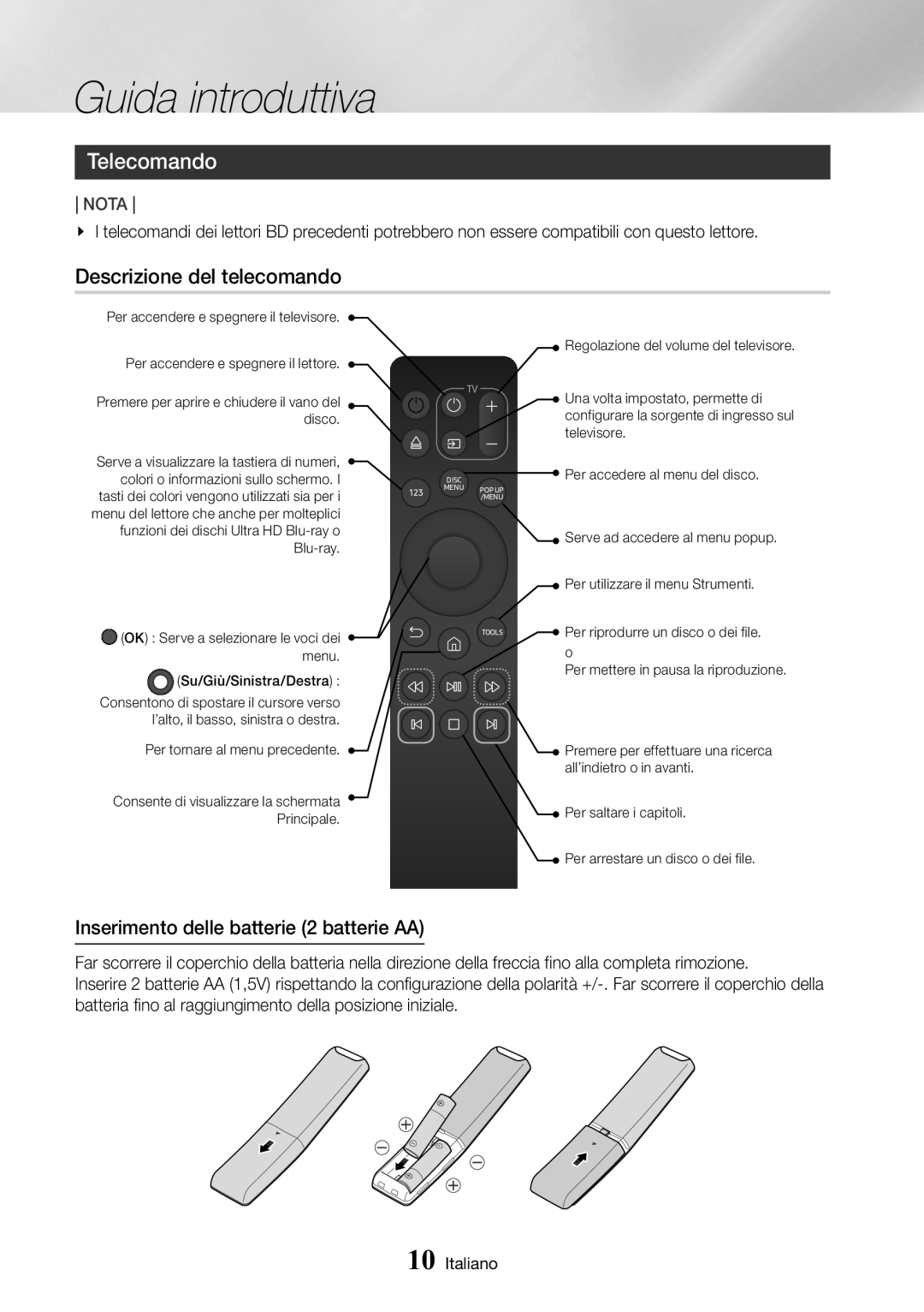 Samsung UBD-M8500/ZF manual Telecomando, Descrizione del telecomando, Inserimento delle batterie 2 batterie AA 