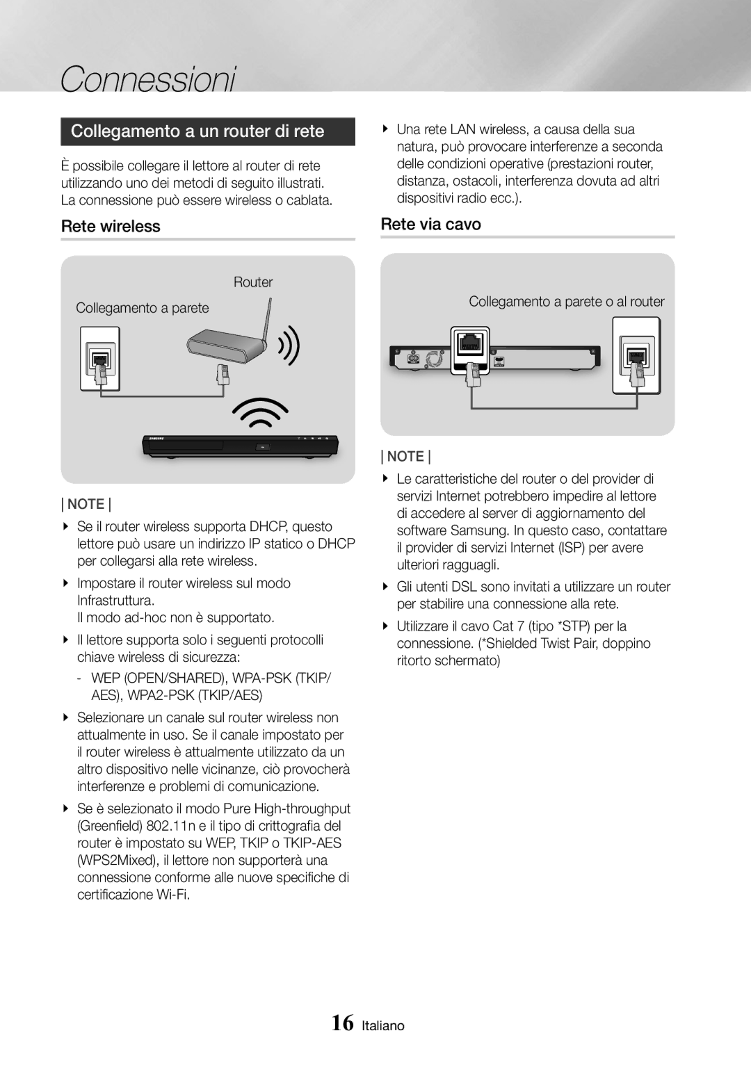 Samsung UBD-M8500/ZF manual Collegamento a un router di rete, Rete wireless, Rete via cavo 