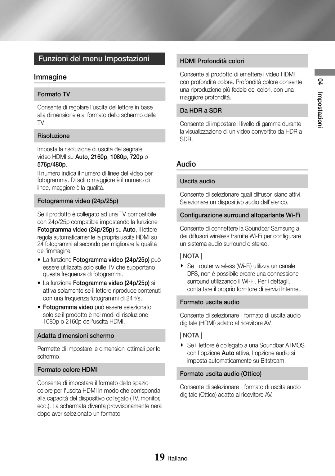 Samsung UBD-M8500/ZF manual Funzioni del menu Impostazioni, Immagine, Audio 