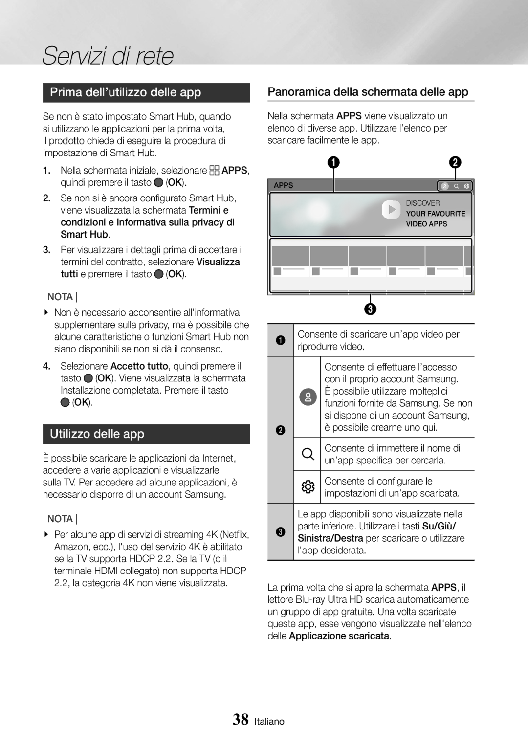 Samsung UBD-M8500/ZF manual Prima dell’utilizzo delle app, Utilizzo delle app, Panoramica della schermata delle app 