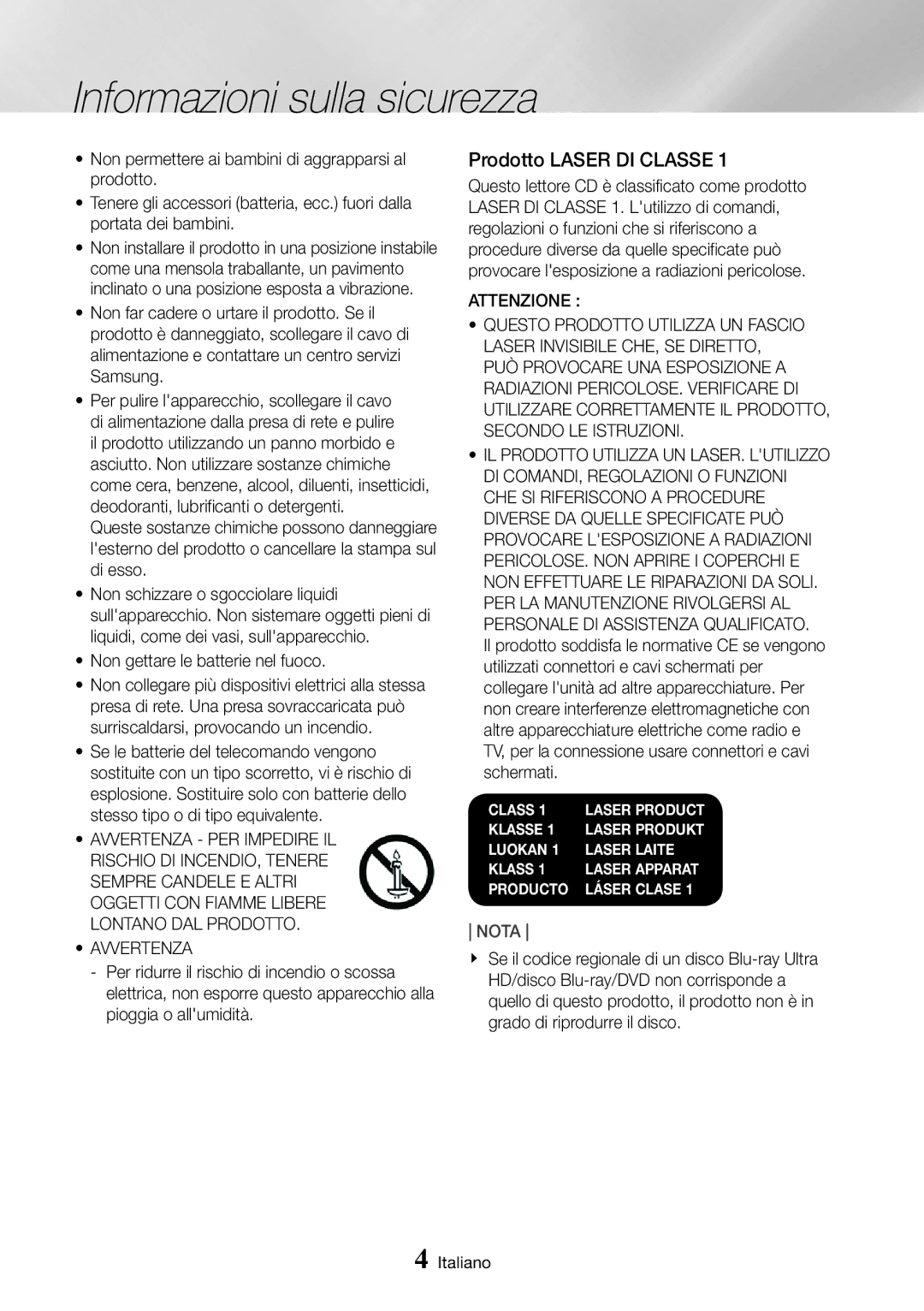 Samsung UBD-M8500/ZF Informazioni sulla sicurezza, Prodotto Laser DI Classe, Non gettare le batterie nel fuoco, Avvertenza 