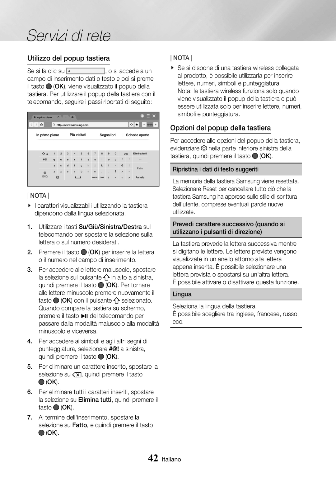 Samsung UBD-M8500/ZF manual Utilizzo del popup tastiera, Opzioni del popup della tastiera 