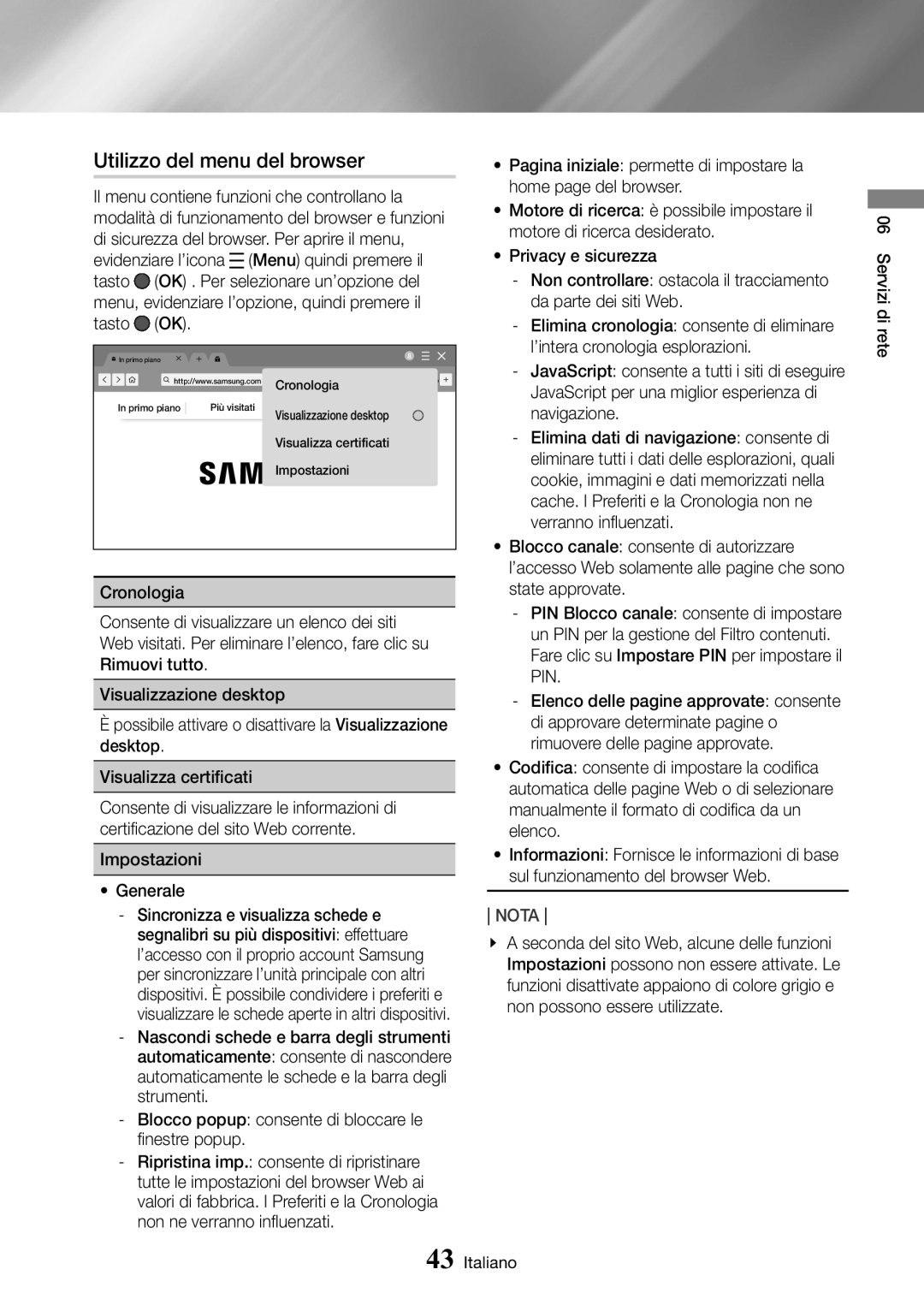 Samsung UBD-M8500/ZF manual Utilizzo del menu del browser 