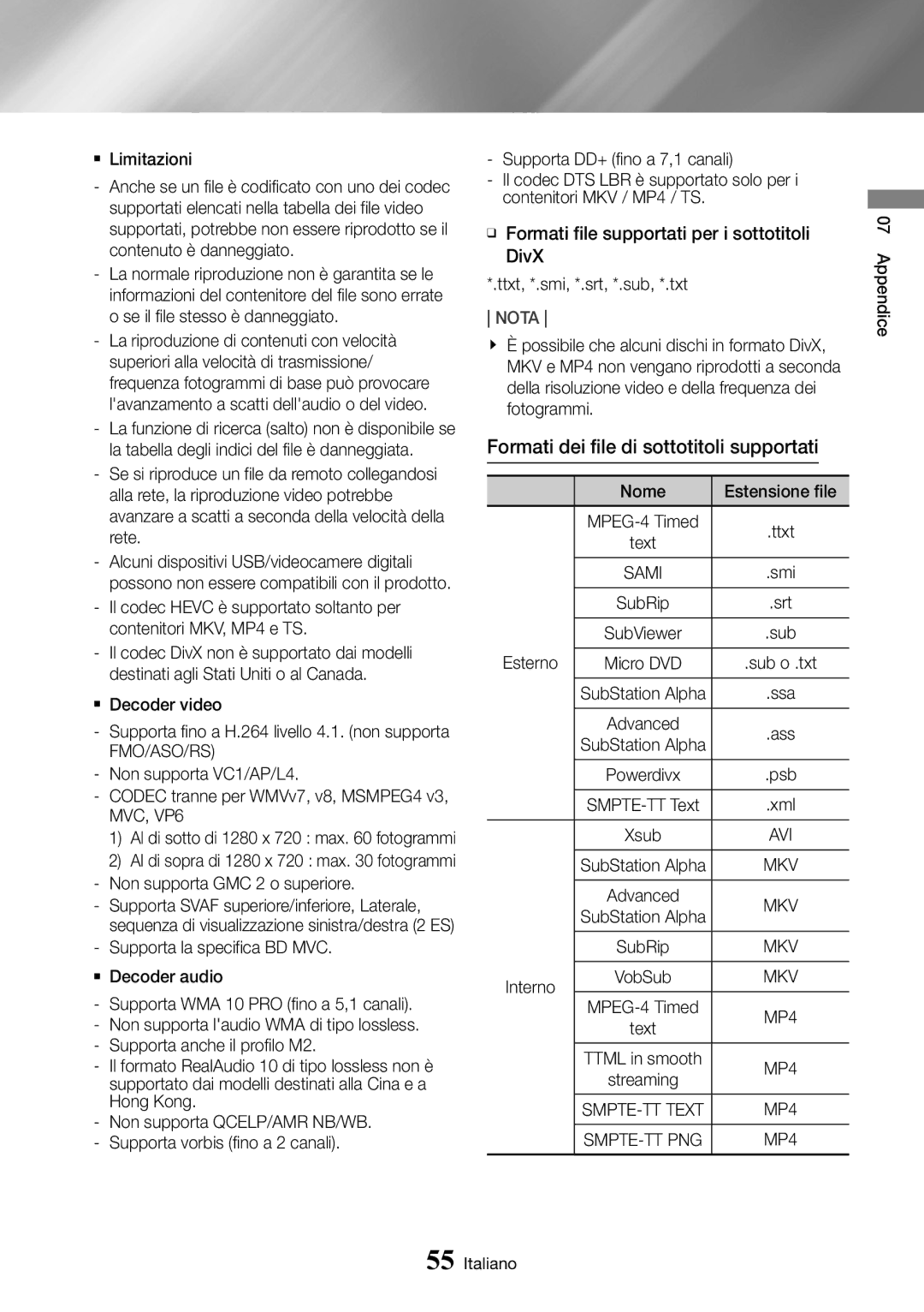 Samsung UBD-M8500/ZF Formati dei file di sottotitoli supportati, Supporta la specifica BD MVC. `` Decoder audio, Nome 