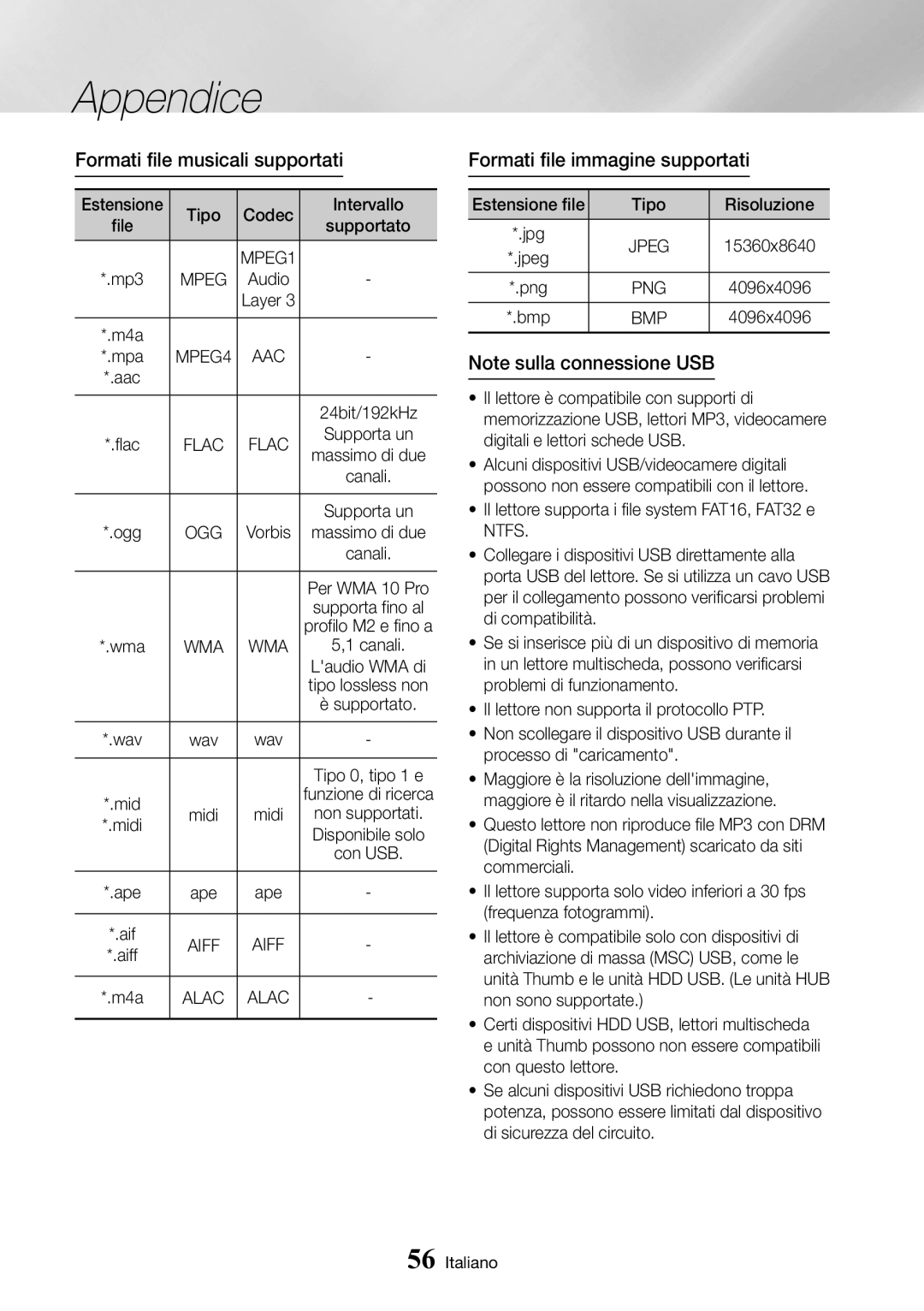 Samsung UBD-M8500/ZF manual Formati file musicali supportati, Formati file immagine supportati 