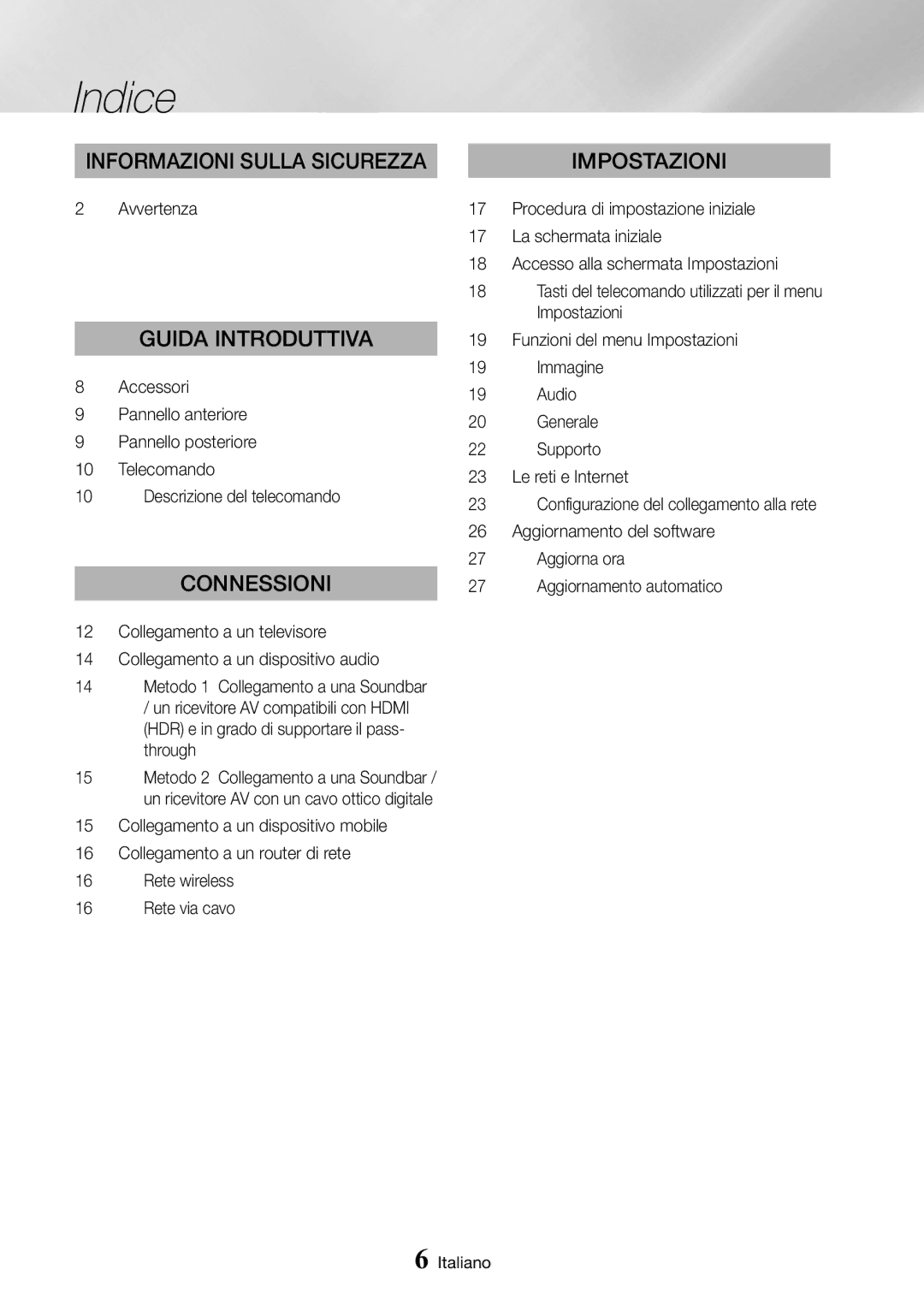 Samsung UBD-M8500/ZF manual Indice, Avvertenza 