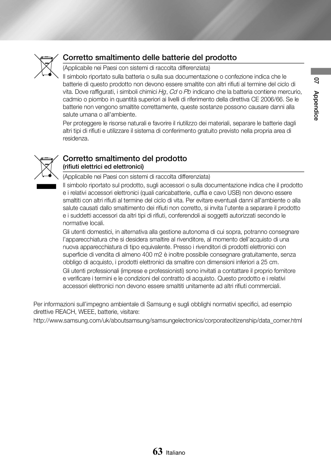 Samsung UBD-M8500/ZF manual Corretto smaltimento delle batterie del prodotto, Corretto smaltimento del prodotto 