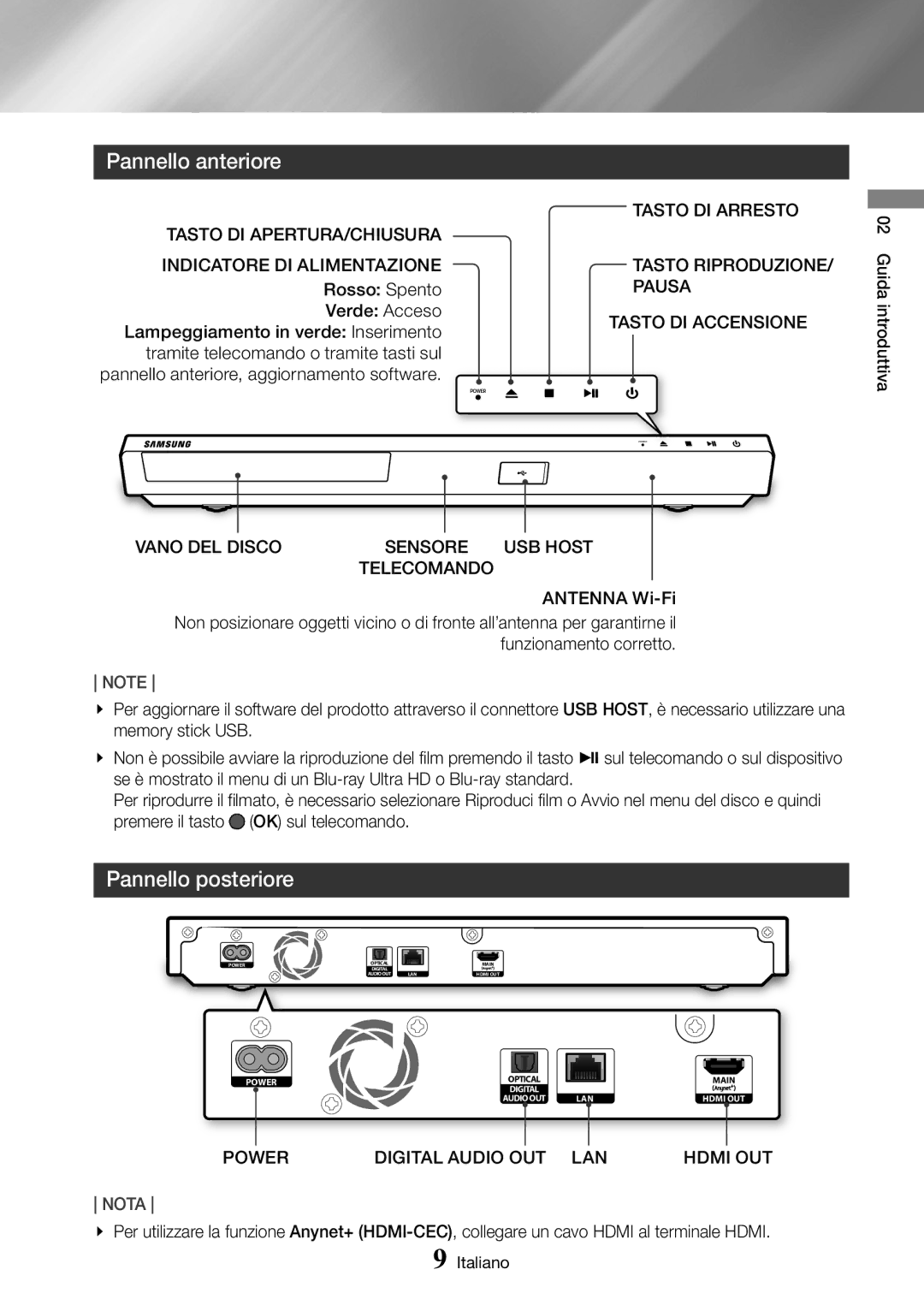 Samsung UBD-M8500/ZF manual Pannello anteriore, Pannello posteriore 