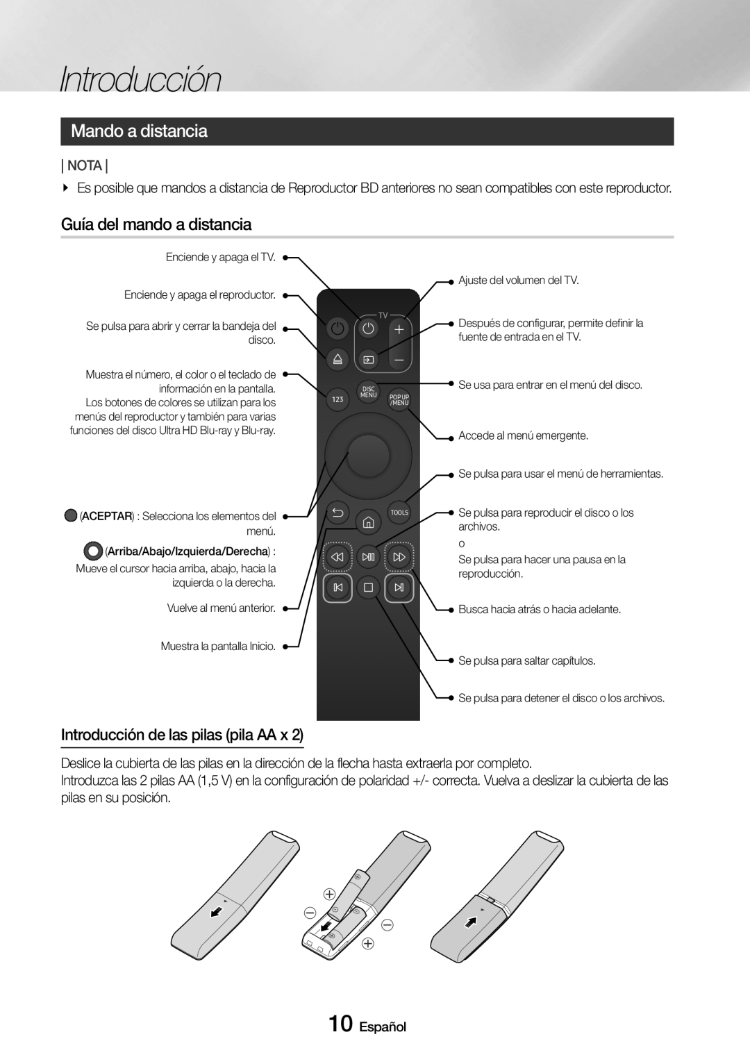 Samsung UBD-M8500/ZF manual Mando a distancia, Guía del mando a distancia, Introducción de las pilas pila AA x 