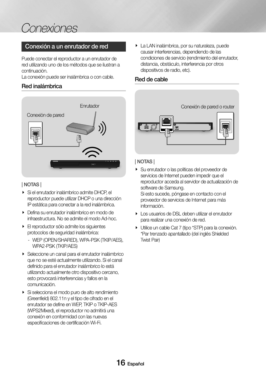 Samsung UBD-M8500/ZF manual Conexión a un enrutador de red, Red inalámbrica, Red de cable 