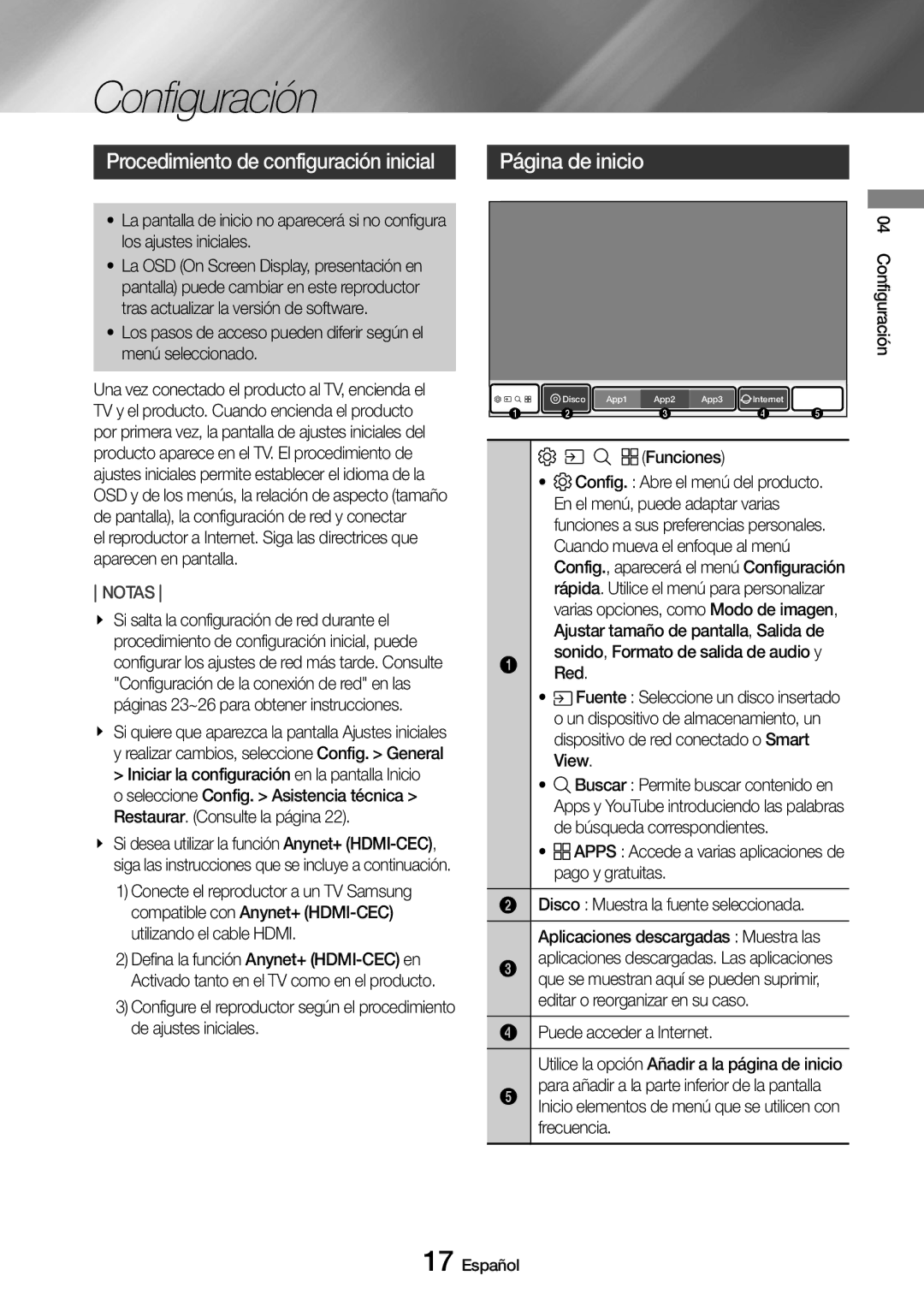 Samsung UBD-M8500/ZF manual Configuración, Procedimiento de configuración inicial, Página de inicio 