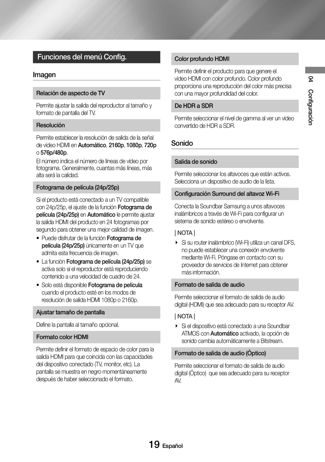 Samsung UBD-M8500/ZF manual Funciones del menú Config, Imagen, Sonido 