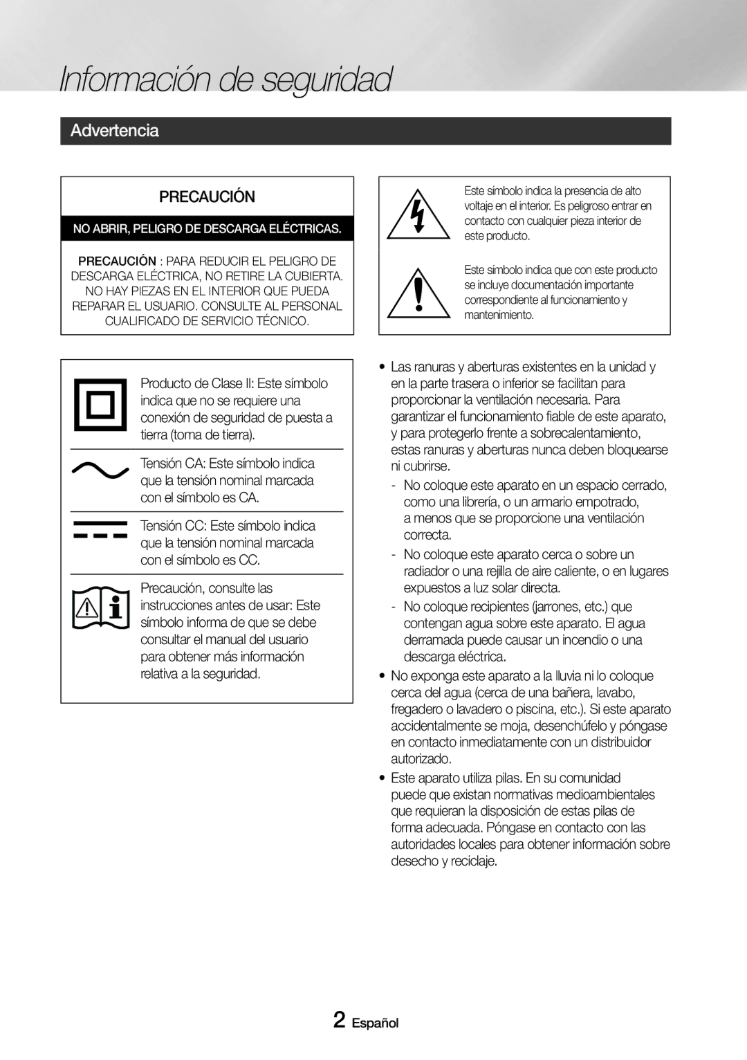 Samsung UBD-M8500/ZF manual Información de seguridad, Advertencia 