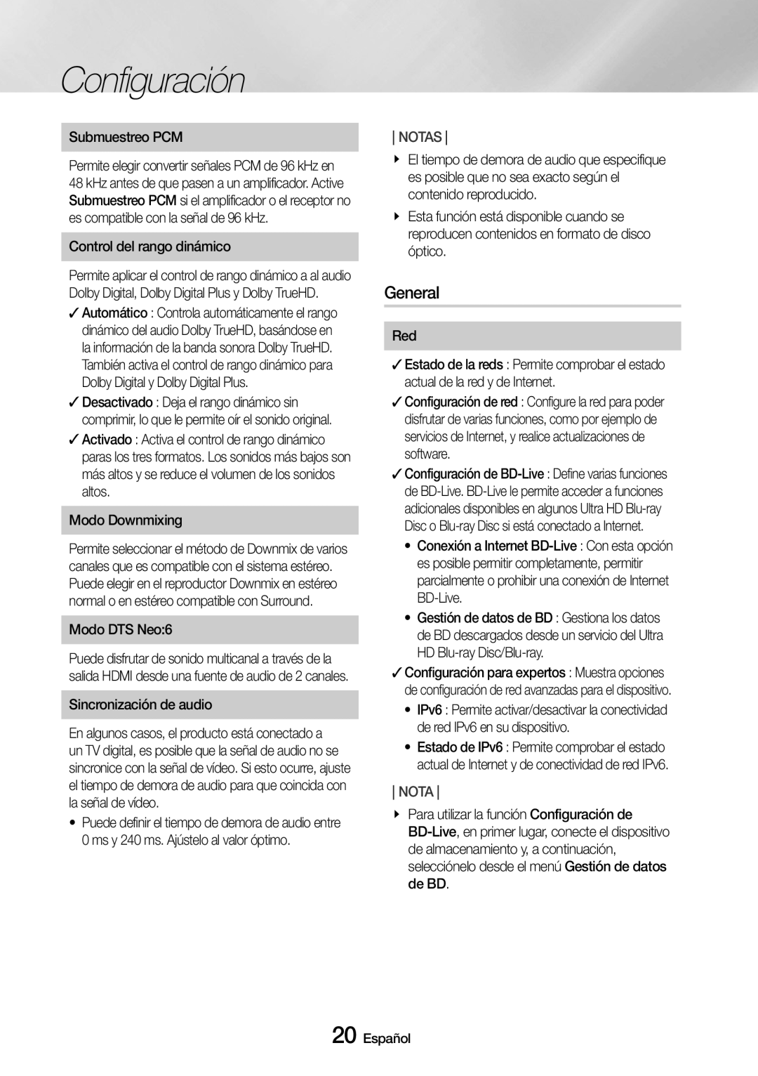 Samsung UBD-M8500/ZF manual General, Submuestreo PCM, Control del rango dinámico 