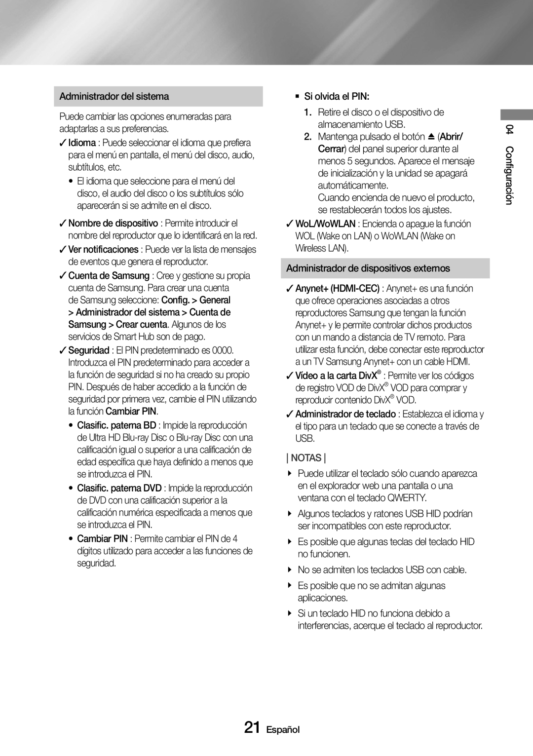 Samsung UBD-M8500/ZF manual Administrador del sistema, Aplicaciones 