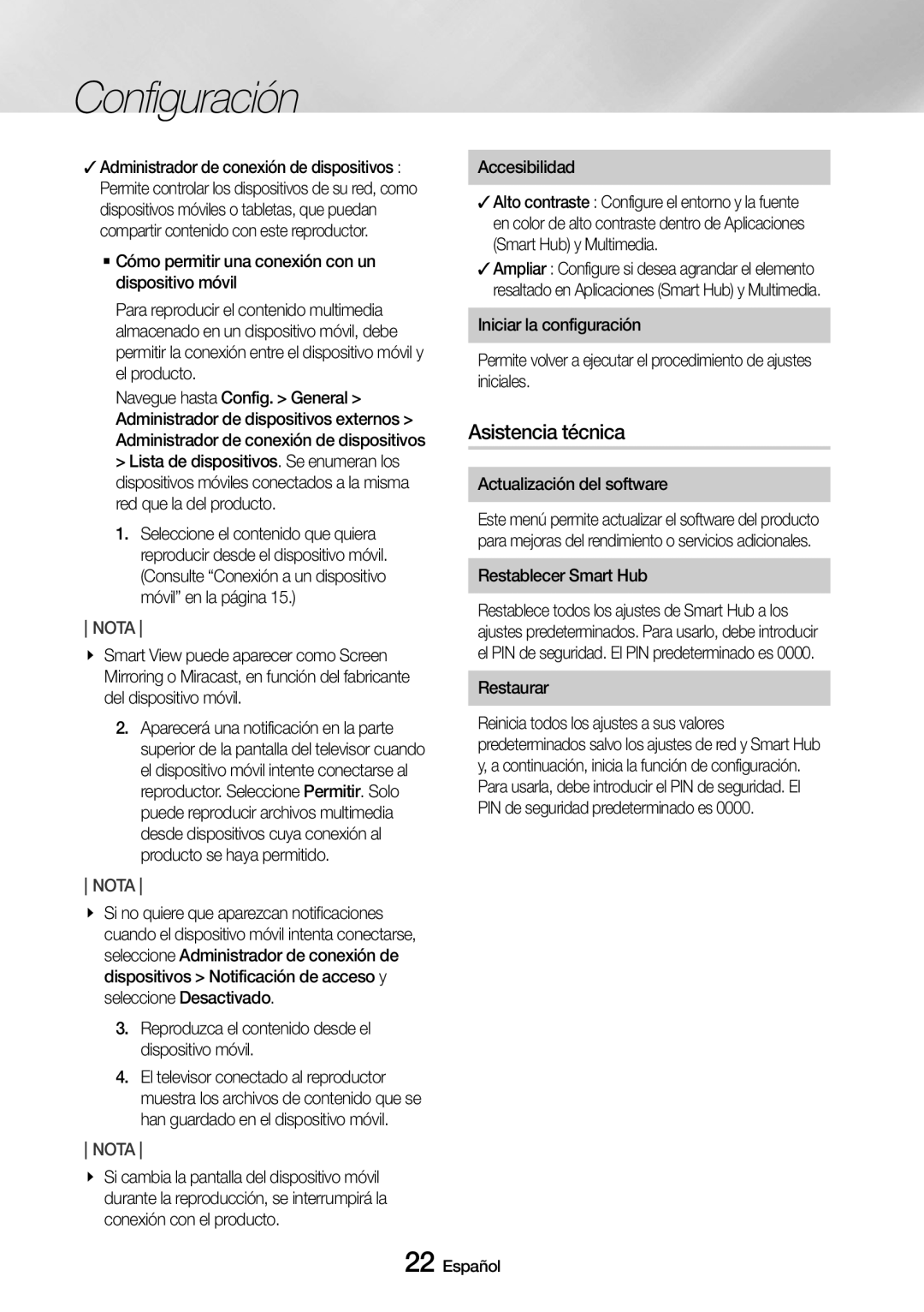 Samsung UBD-M8500/ZF manual Asistencia técnica, Reproduzca el contenido desde el dispositivo móvil, Accesibilidad 