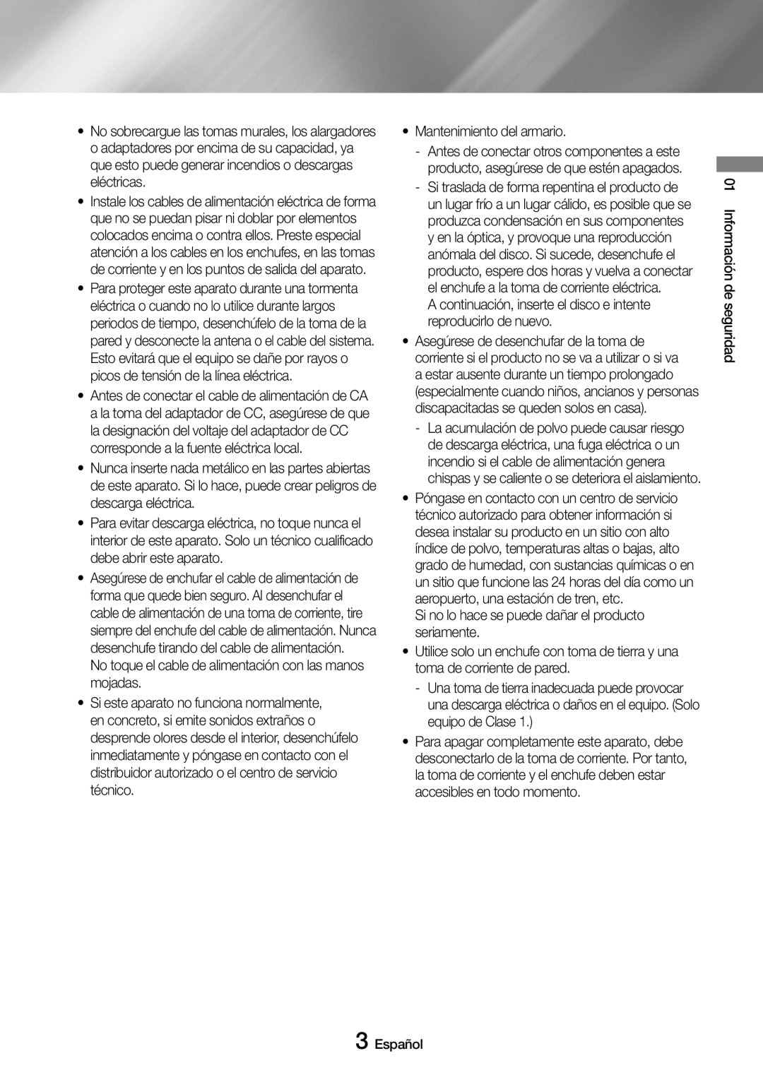 Samsung UBD-M8500/ZF manual No toque el cable de alimentación con las manos mojadas, Mantenimiento del armario 