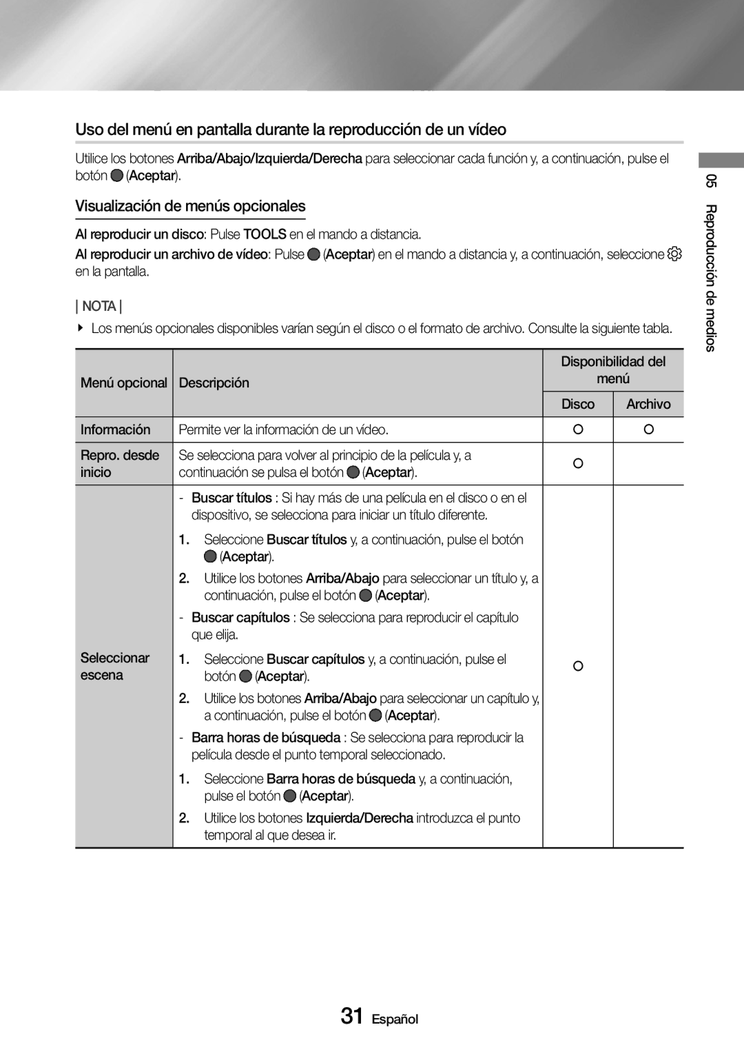 Samsung UBD-M8500/ZF manual Uso del menú en pantalla durante la reproducción de un vídeo, Visualización de menús opcionales 