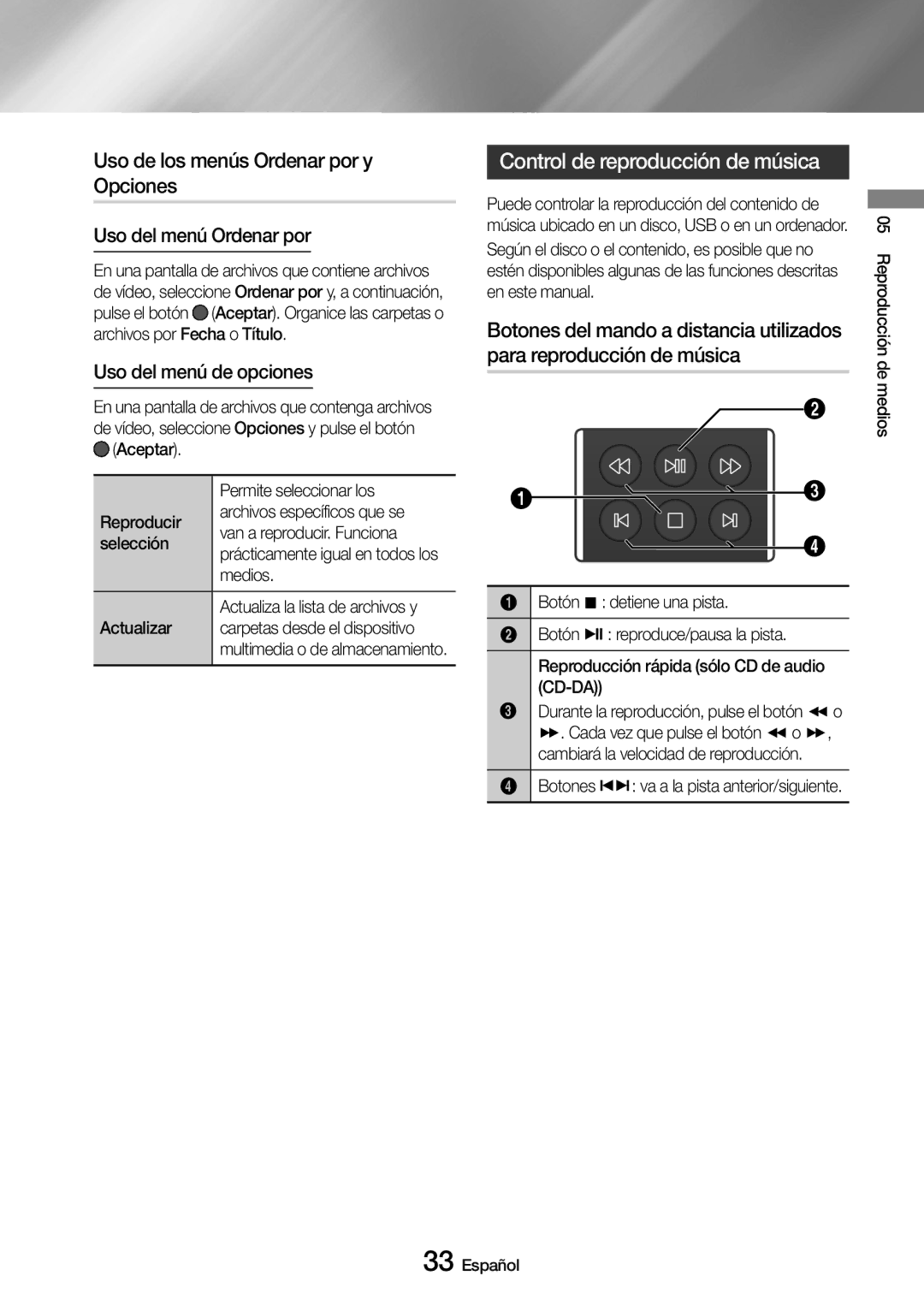 Samsung UBD-M8500/ZF Uso de los menús Ordenar por y Opciones, Control de reproducción de música, Uso del menú Ordenar por 