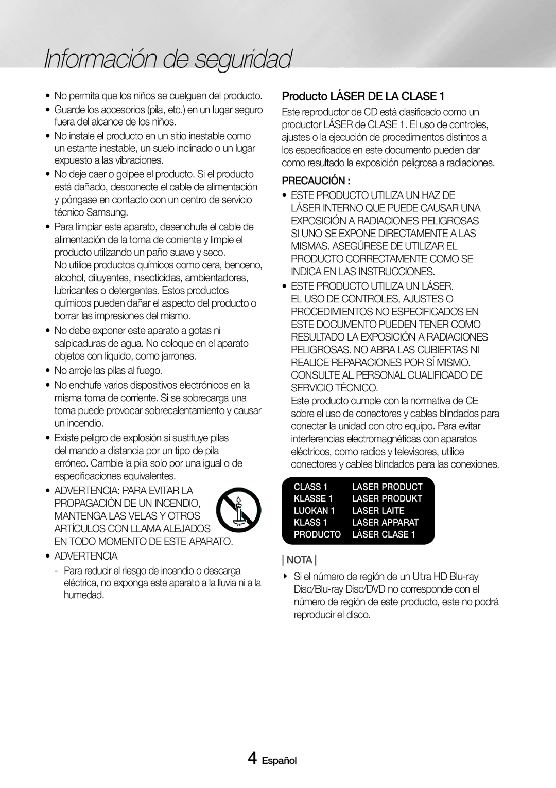 Samsung UBD-M8500/ZF manual Producto Láser DE LA Clase, Advertencia, Precaución 