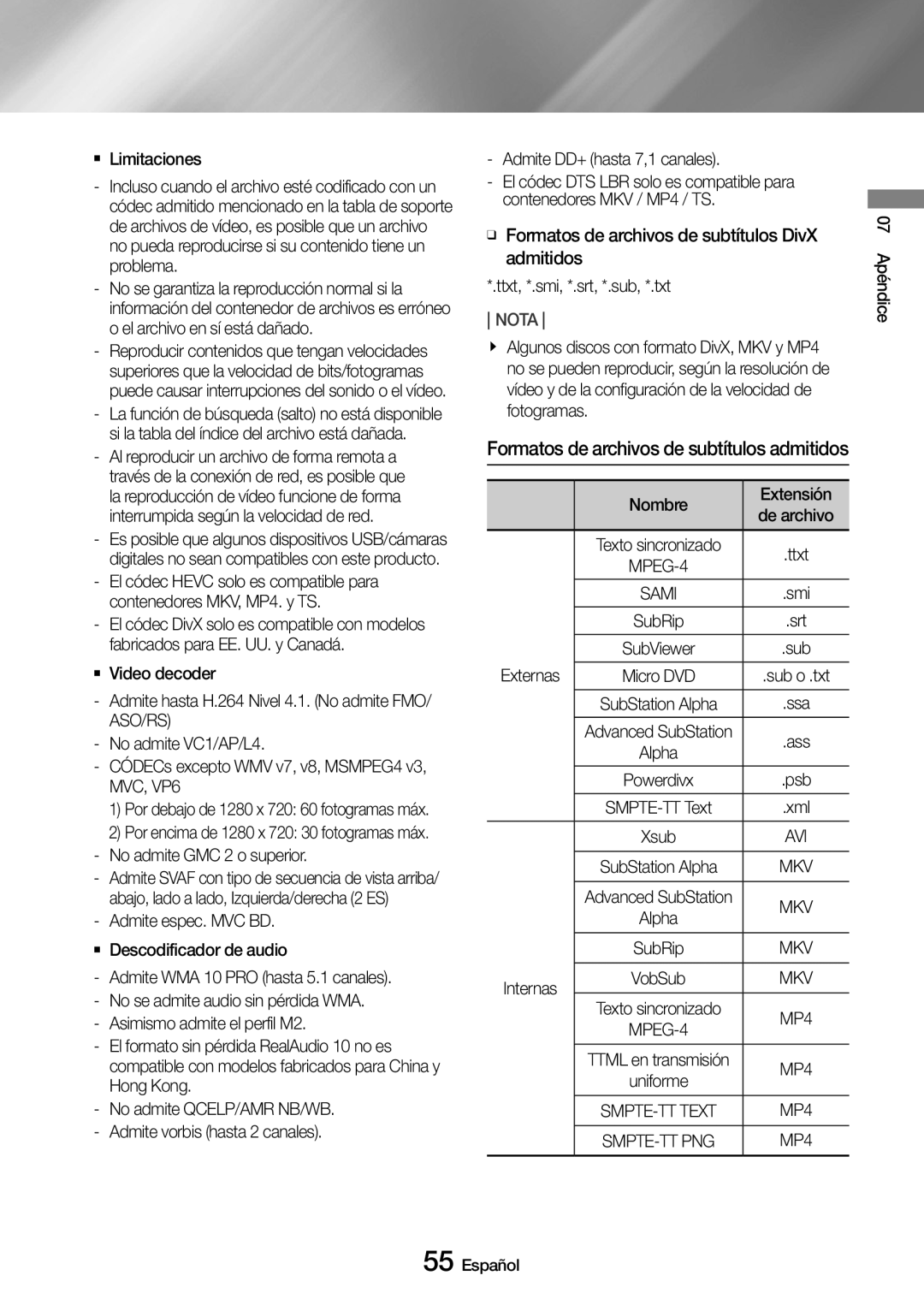 Samsung UBD-M8500/ZF manual `` Limitaciones, Admite espec. MVC BD `` Descodificador de audio, Externas, Internas 