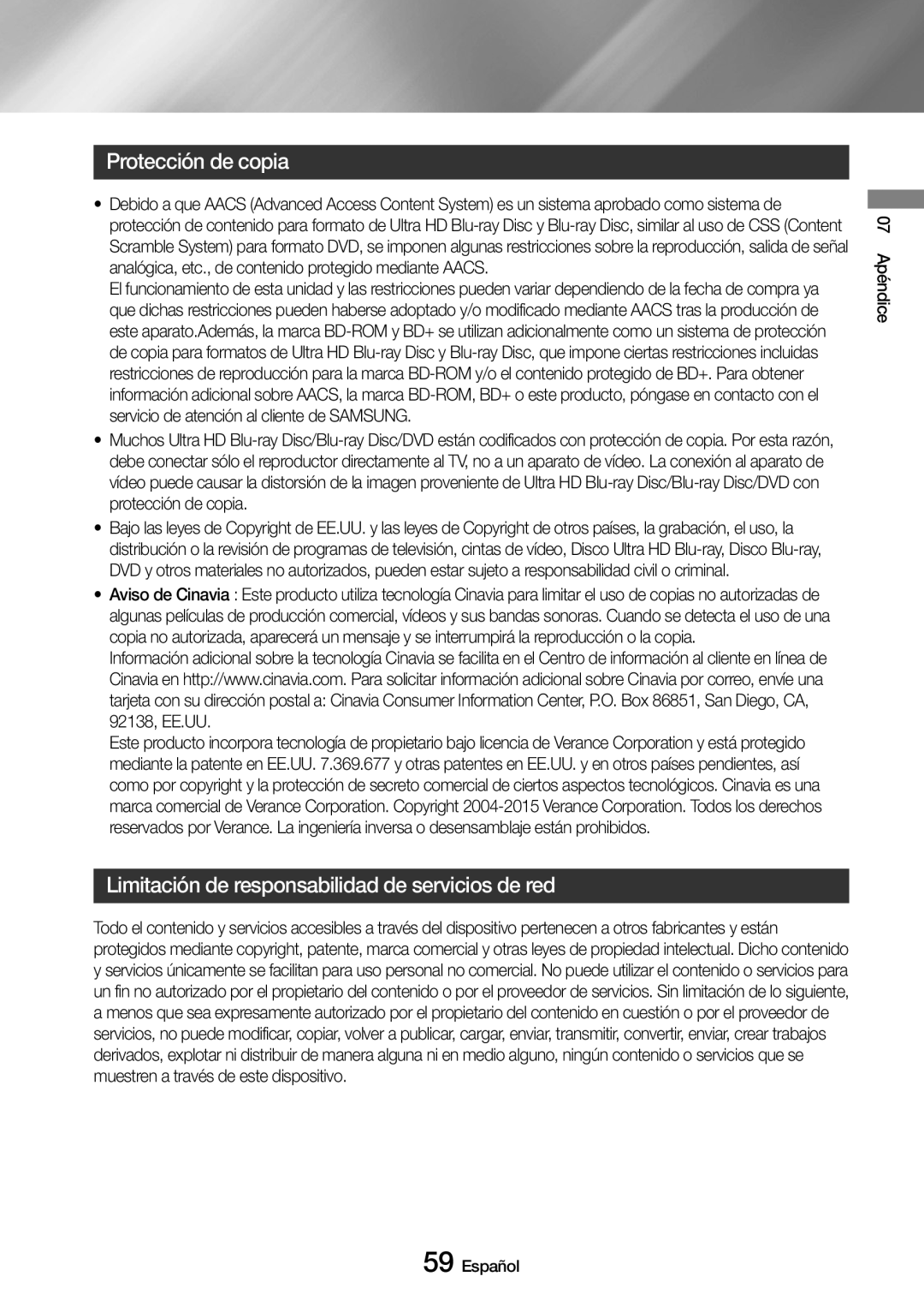 Samsung UBD-M8500/ZF manual Protección de copia, Limitación de responsabilidad de servicios de red 