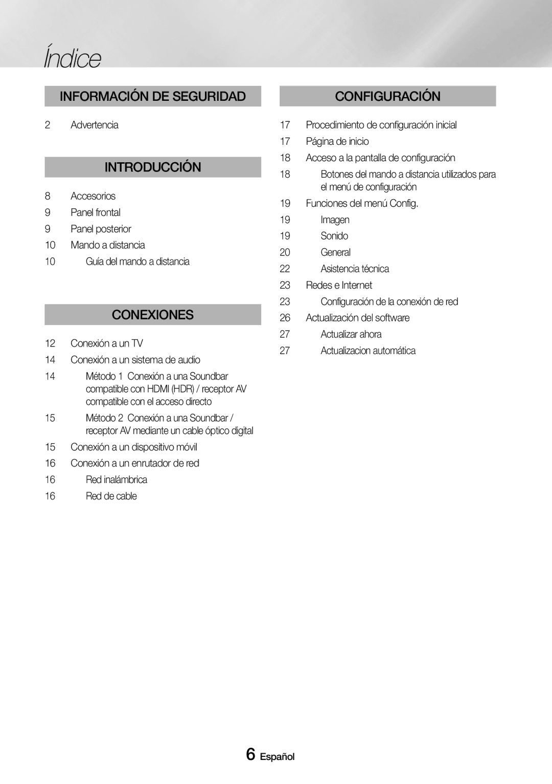 Samsung UBD-M8500/ZF manual Índice, Advertencia, Accesorios Panel frontal Panel posterior Mando a distancia 