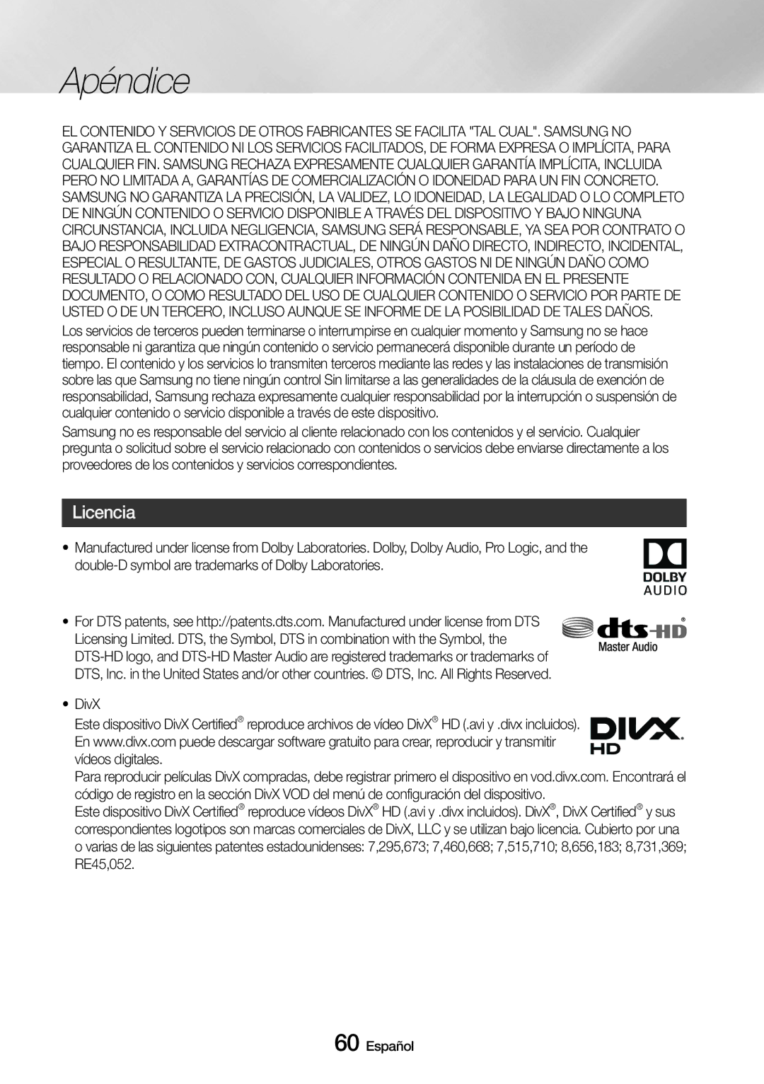 Samsung UBD-M8500/ZF manual Licencia, DivX 