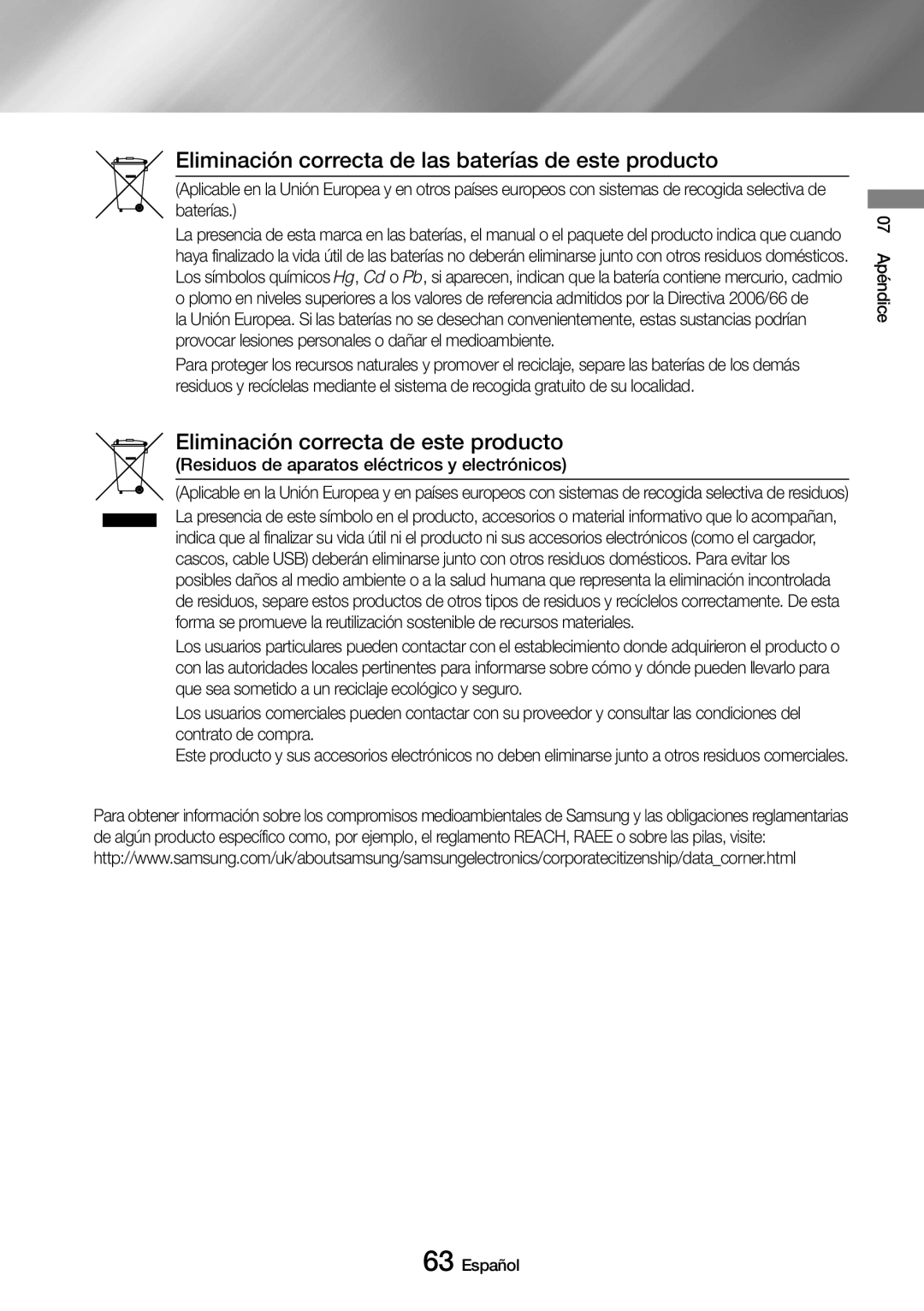 Samsung UBD-M8500/ZF manual Eliminación correcta de las baterías de este producto 