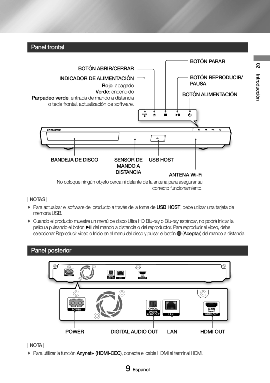 Samsung UBD-M8500/ZF manual Panel frontal, Panel posterior 