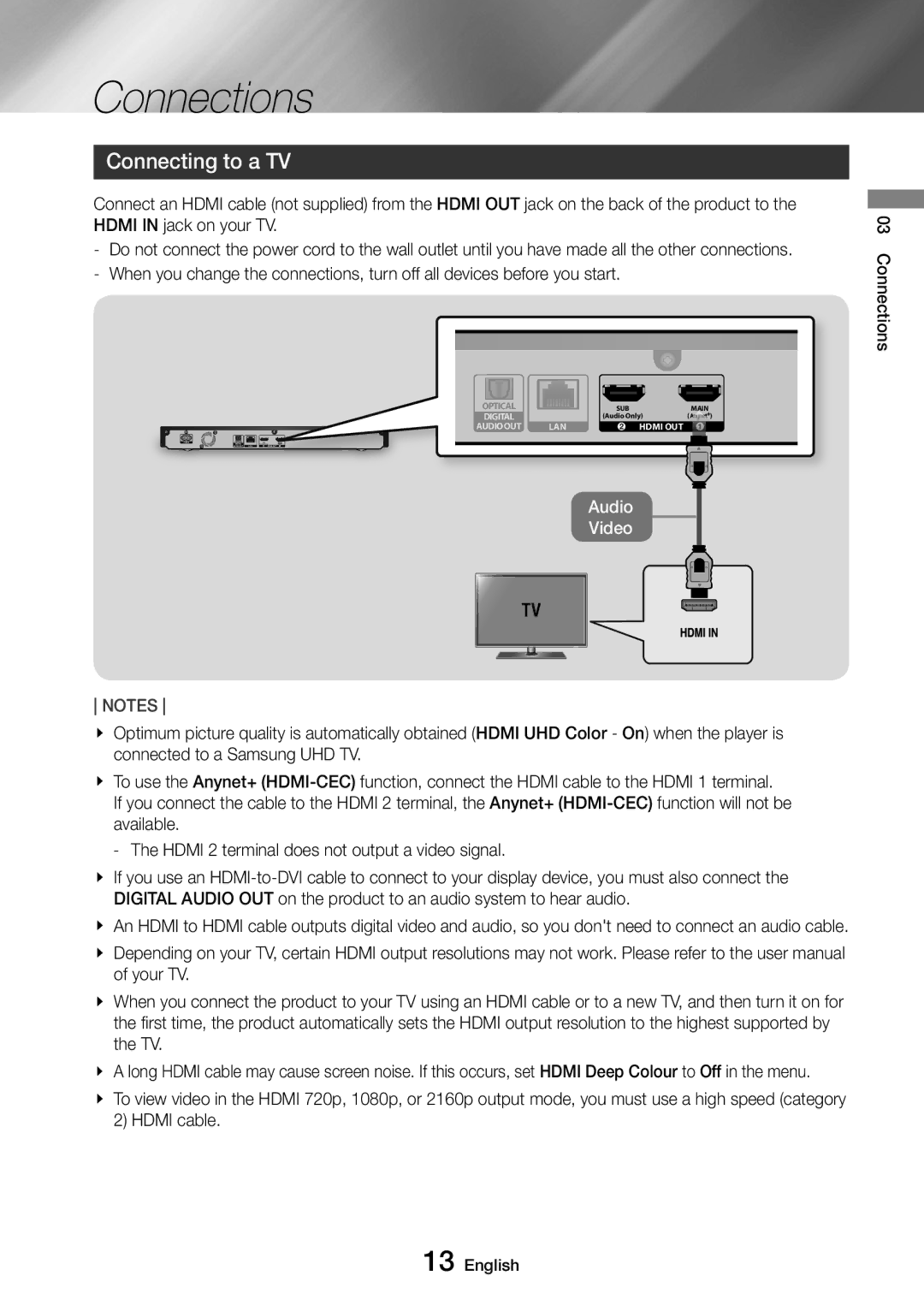 Samsung UBD-M9500/ZG, UBD-M9500/EN, UBD-M9500/ZF, UBD-M9500/XE manual Connections, Connecting to a TV 