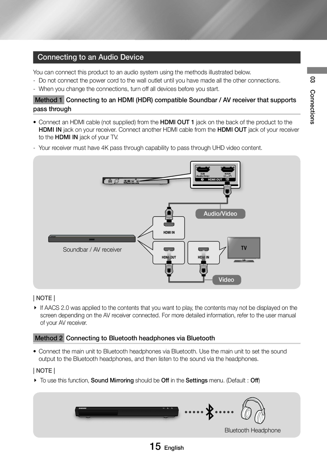 Samsung UBD-M9500/XE, UBD-M9500/EN, UBD-M9500/ZG, UBD-M9500/ZF manual Connecting to an Audio Device, Soundbar / AV receiver 