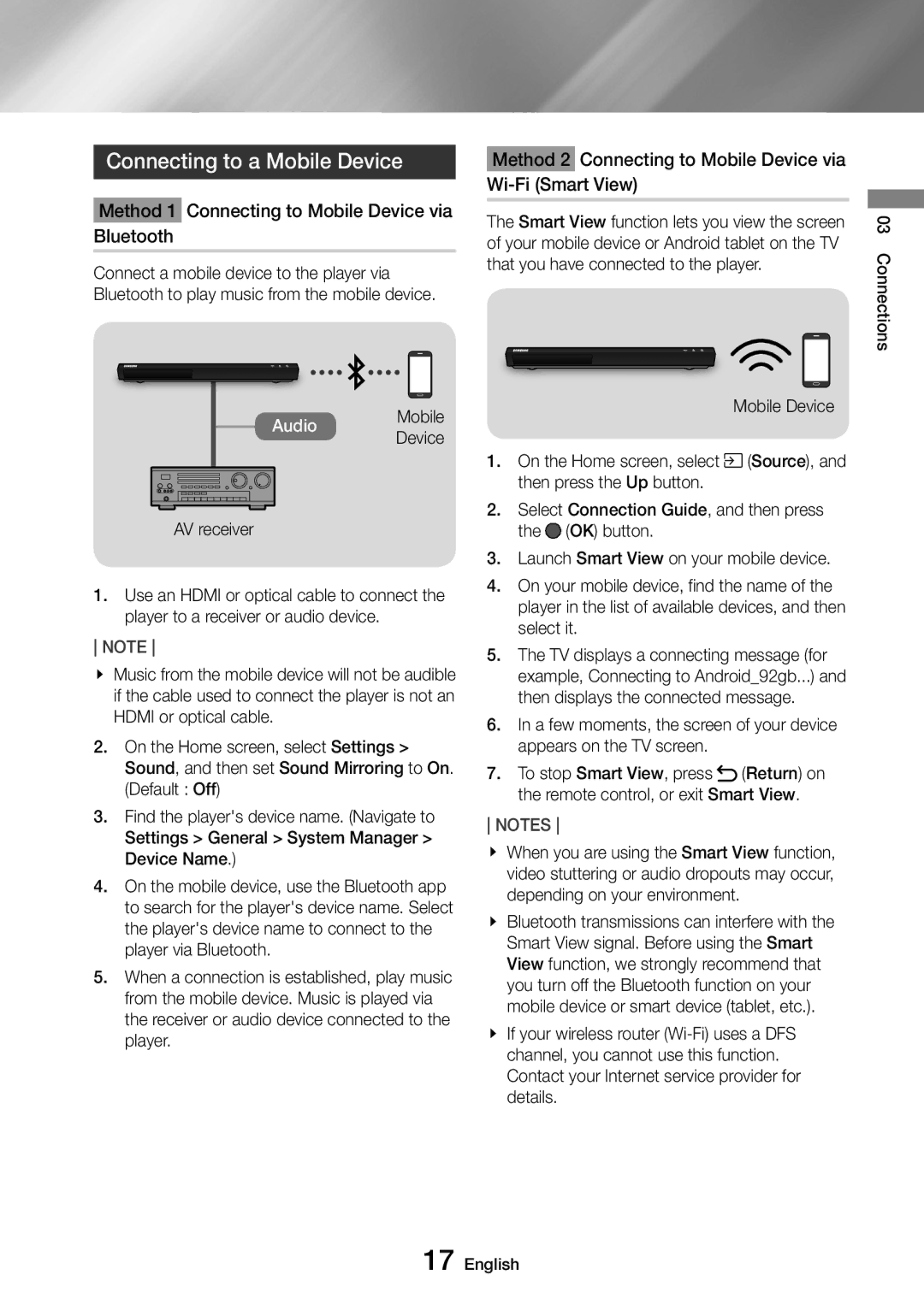 Samsung UBD-M9500/ZG, UBD-M9500/EN, UBD-M9500/ZF, UBD-M9500/XE manual Connecting to a Mobile Device, Audio Mobile 