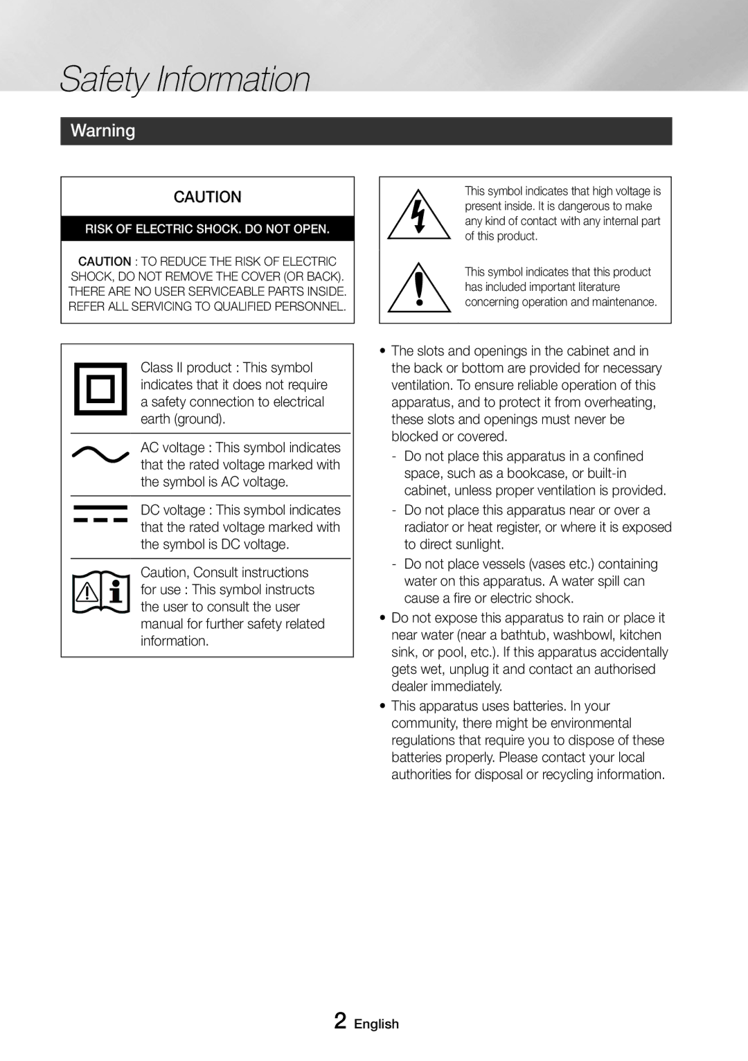 Samsung UBD-M9500/ZF, UBD-M9500/EN, UBD-M9500/ZG, UBD-M9500/XE manual Safety Information, Risk of Electric SHOCK. do not Open 