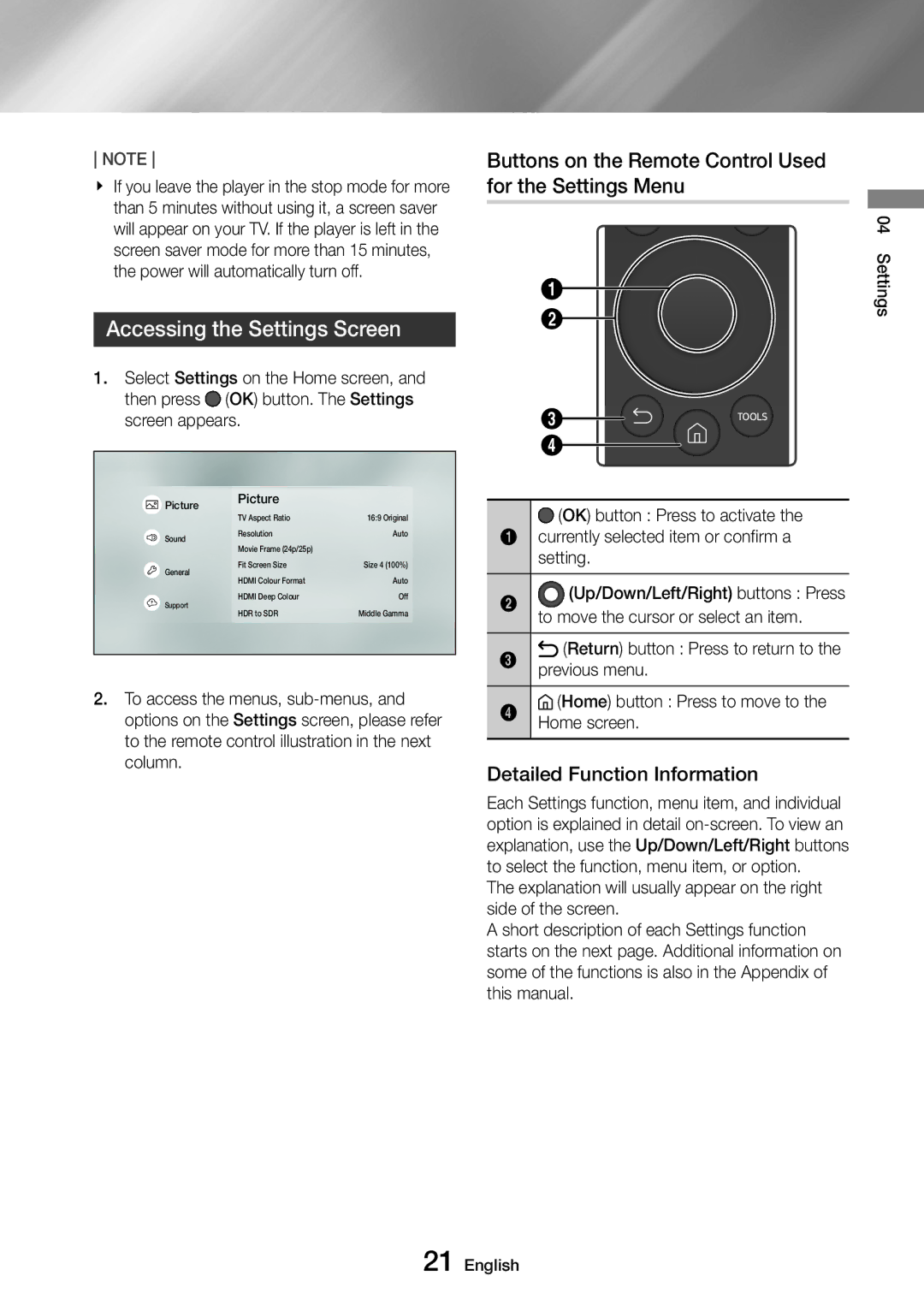 Samsung UBD-M9500/ZG, UBD-M9500/EN Accessing the Settings Screen, Buttons on the Remote Control Used for the Settings Menu 