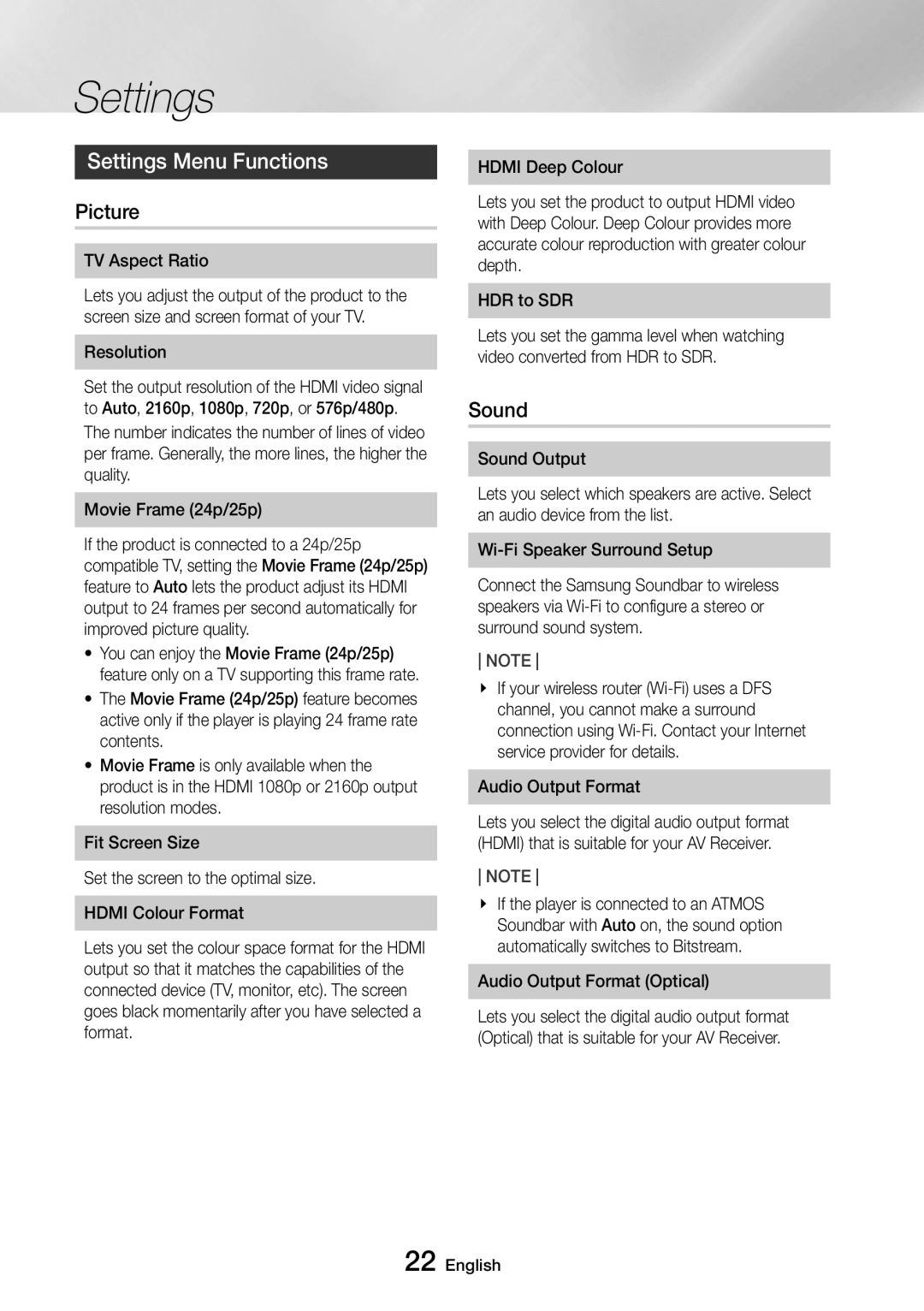 Samsung UBD-M9500/ZF, UBD-M9500/EN, UBD-M9500/ZG, UBD-M9500/XE manual Settings Menu Functions, Picture, Sound 