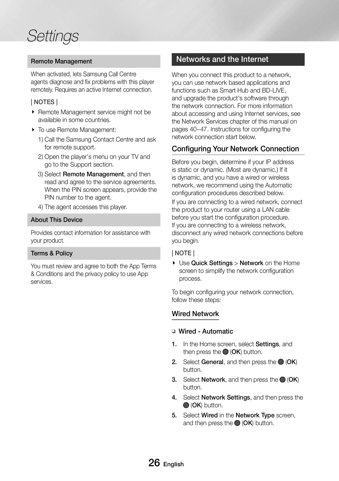 Samsung UBD-M9500/ZF Networks and the Internet, Configuring Your Network Connection, Wired Network, Remote Management 