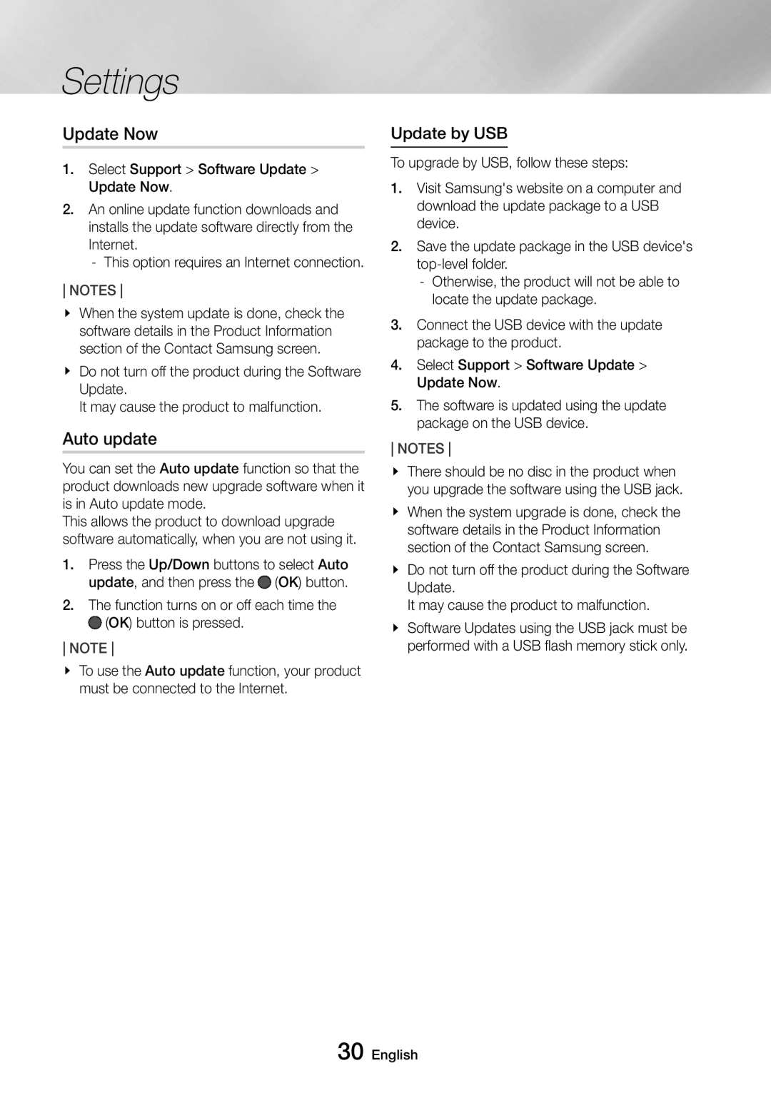 Samsung UBD-M9500/ZF, UBD-M9500/EN, UBD-M9500/ZG, UBD-M9500/XE manual Update by USB, Select Support Software Update Update Now 