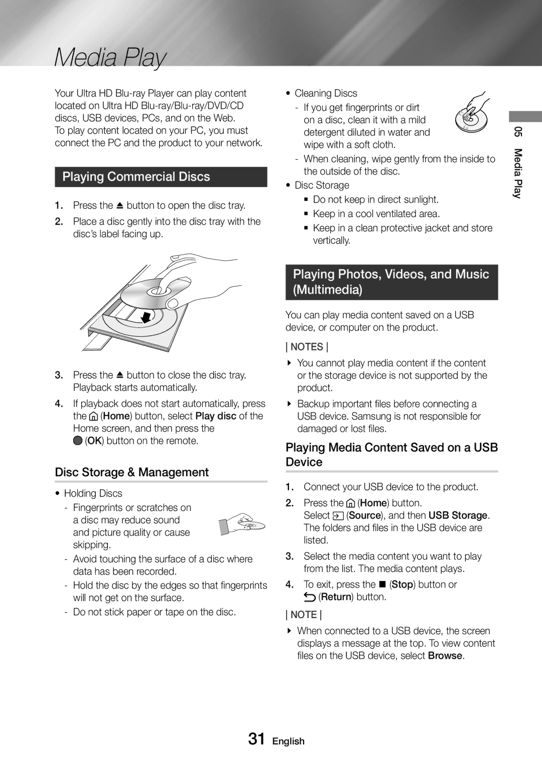 Samsung UBD-M9500/XE, UBD-M9500/EN, UBD-M9500/ZG manual Media Play, Playing Commercial Discs, Disc Storage & Management 