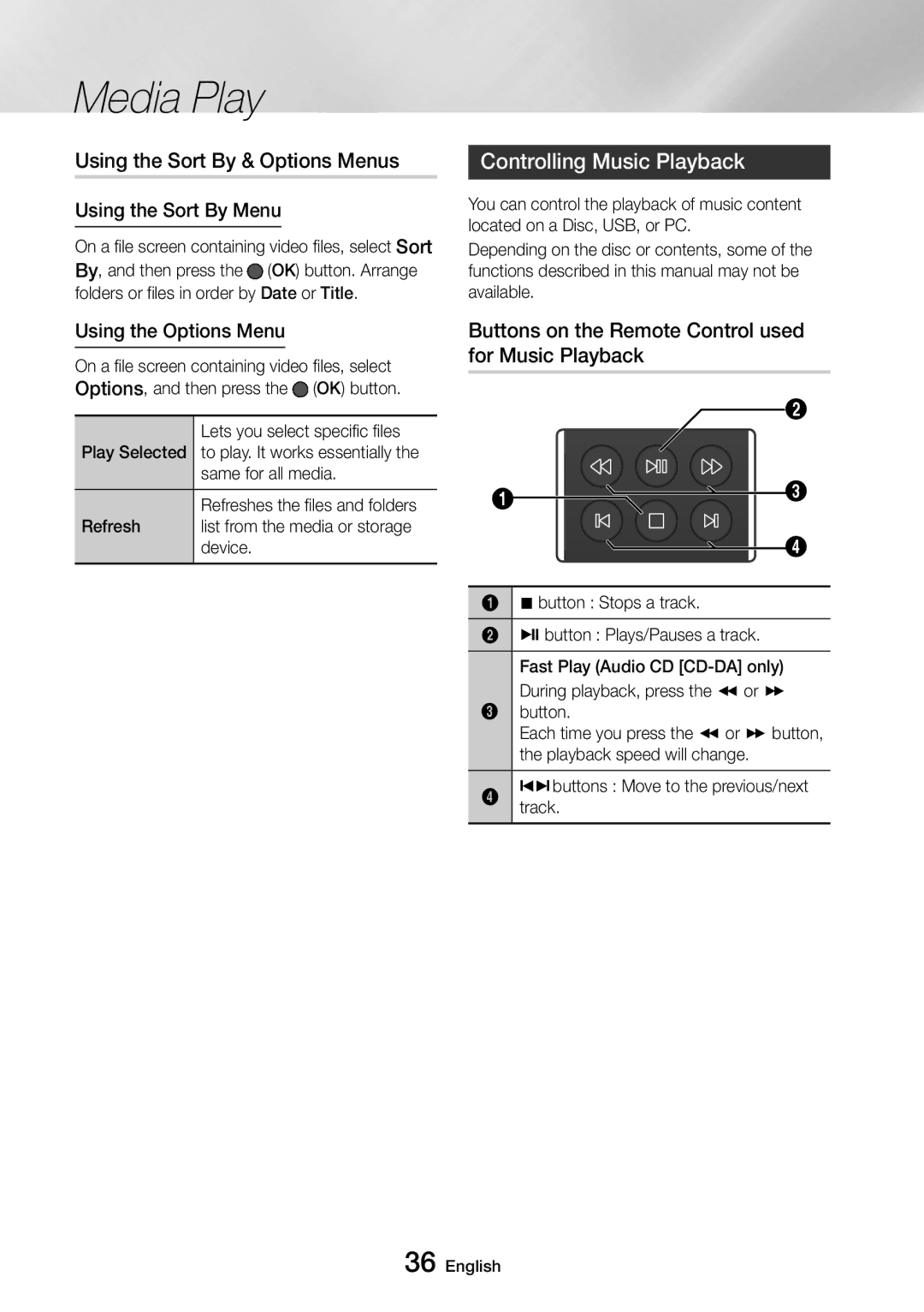 Samsung UBD-M9500/EN, UBD-M9500/ZG Using the Sort By & Options Menus, Controlling Music Playback, Using the Sort By Menu 