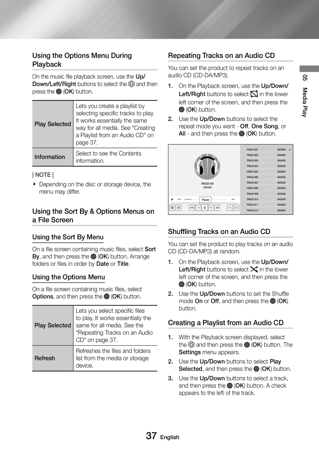 Samsung UBD-M9500/ZG manual Using the Options Menu During Playback, Using the Sort By & Options Menus on a File Screen 