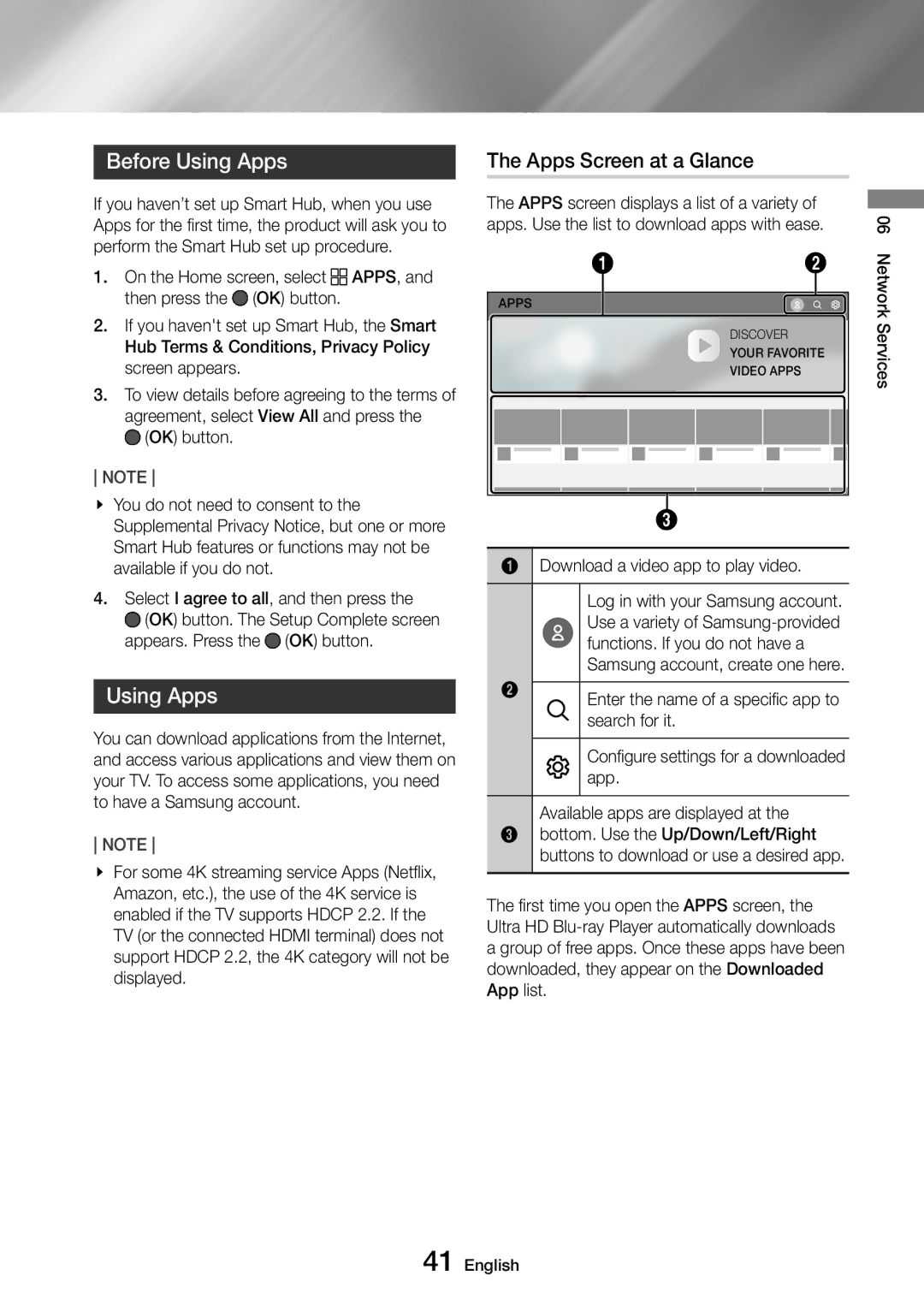 Samsung UBD-M9500/ZG, UBD-M9500/EN, UBD-M9500/ZF Before Using Apps, Apps Screen at a Glance, Appears. Press the OK button 