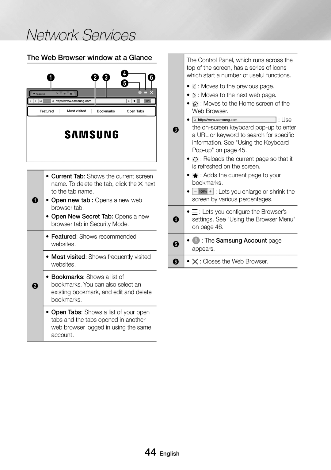 Samsung UBD-M9500/EN, UBD-M9500/ZG, UBD-M9500/ZF, UBD-M9500/XE manual Web Browser window at a Glance 