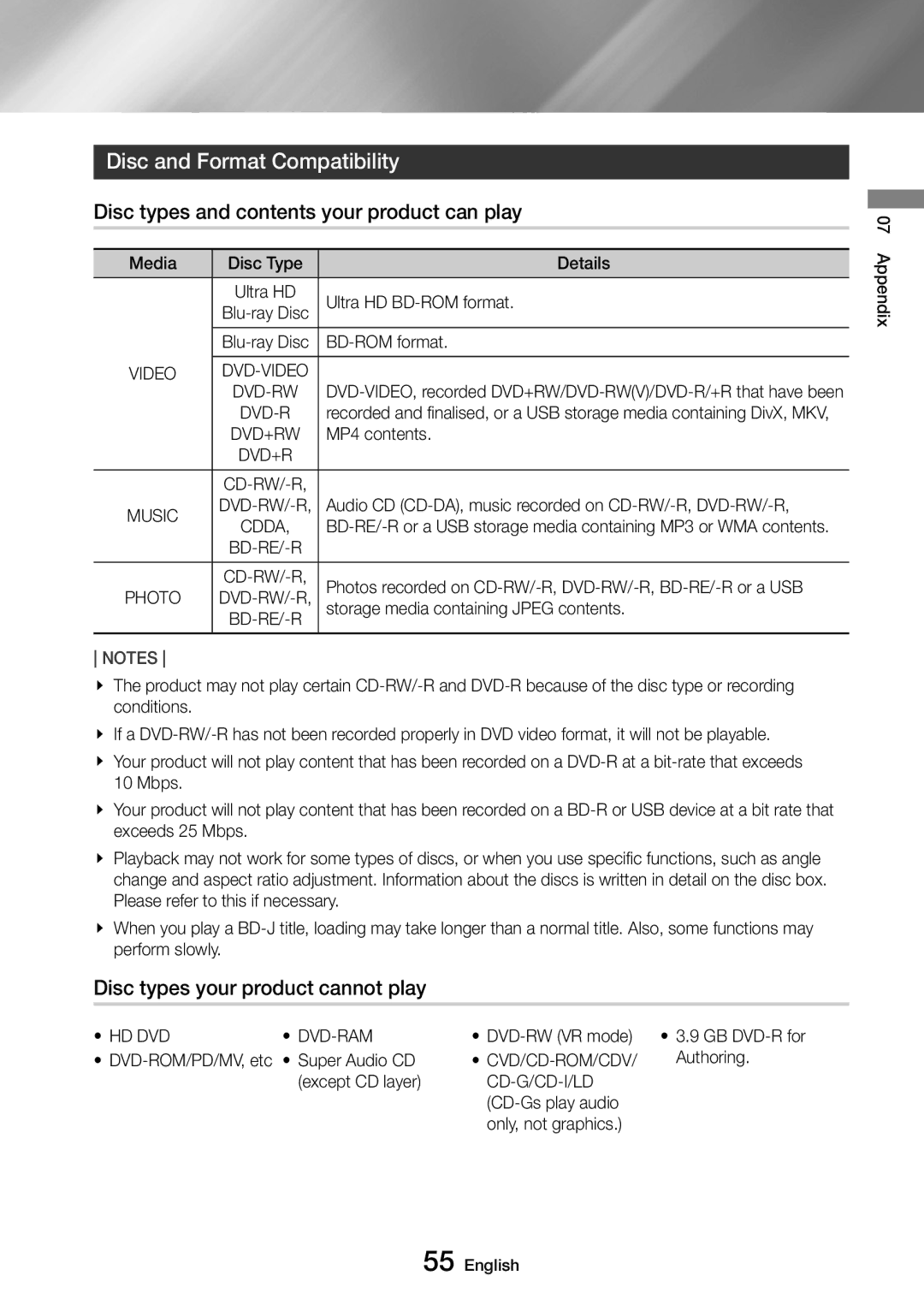 Samsung UBD-M9500/XE, UBD-M9500/EN manual Disc and Format Compatibility, Disc types and contents your product can play 