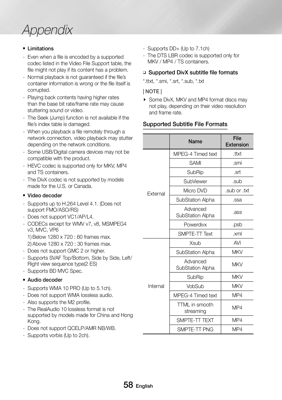 Samsung UBD-M9500/ZF manual Supported Subtitle File Formats, `` Limitations, Name File Extension, External, Internal 