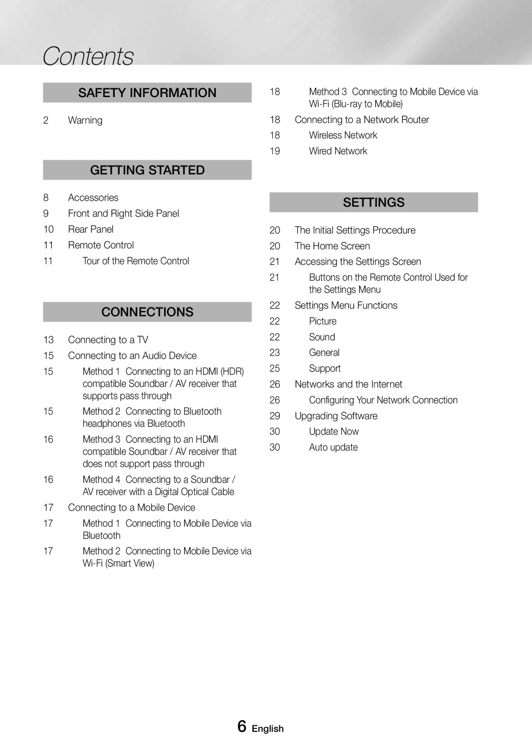 Samsung UBD-M9500/ZF, UBD-M9500/EN, UBD-M9500/ZG, UBD-M9500/XE manual Contents 