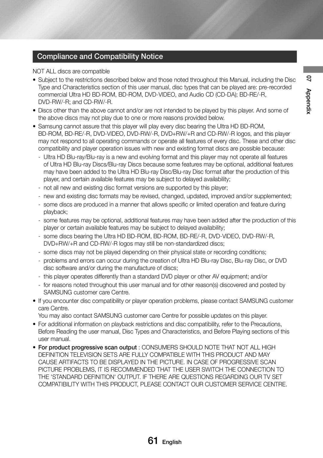 Samsung UBD-M9500/ZG, UBD-M9500/EN, UBD-M9500/ZF, UBD-M9500/XE manual Compliance and Compatibility Notice, Playback 