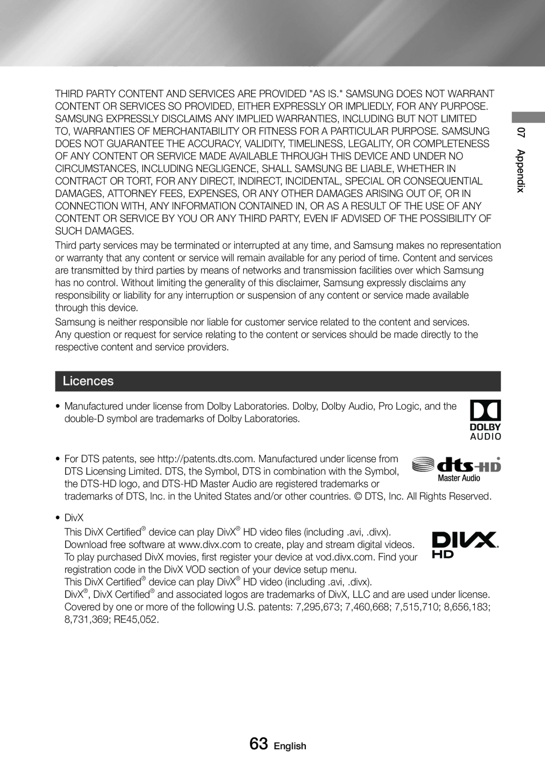 Samsung UBD-M9500/XE, UBD-M9500/EN, UBD-M9500/ZG, UBD-M9500/ZF manual Licences 